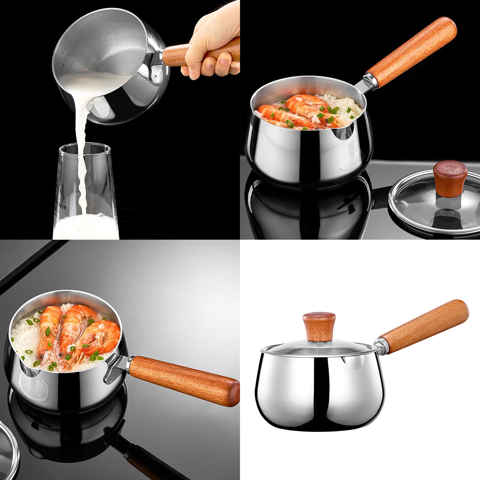 Ollas de cocina pequeñas sartenes pequeñas con tapa y asa, cacerola de acero inoxidable 316, textura para calentar leche