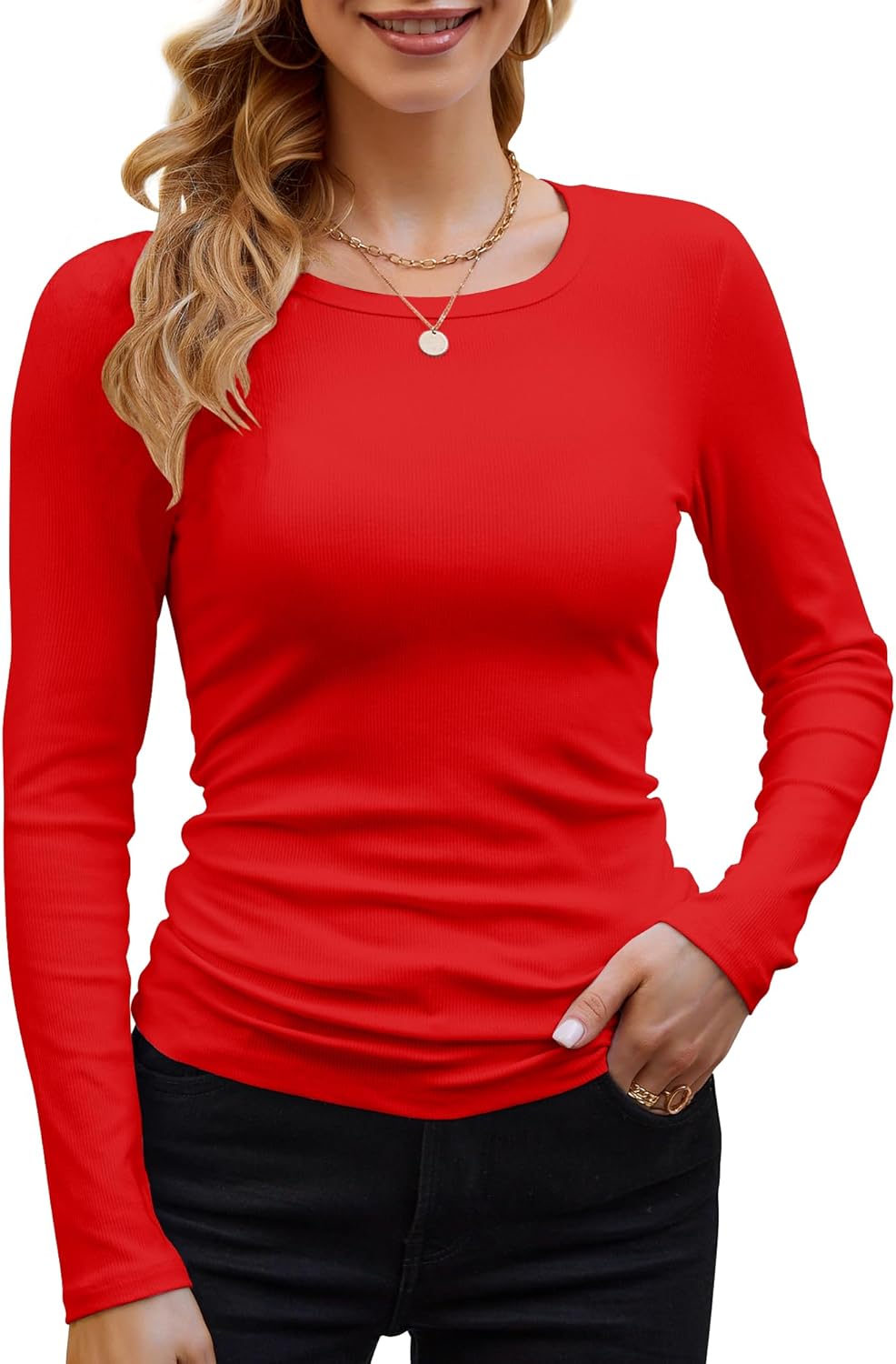 GEMBERA Womens Ribbed Long Sleeve Crewneck Casual Slim Basic Shirts Fitted Knit Tops