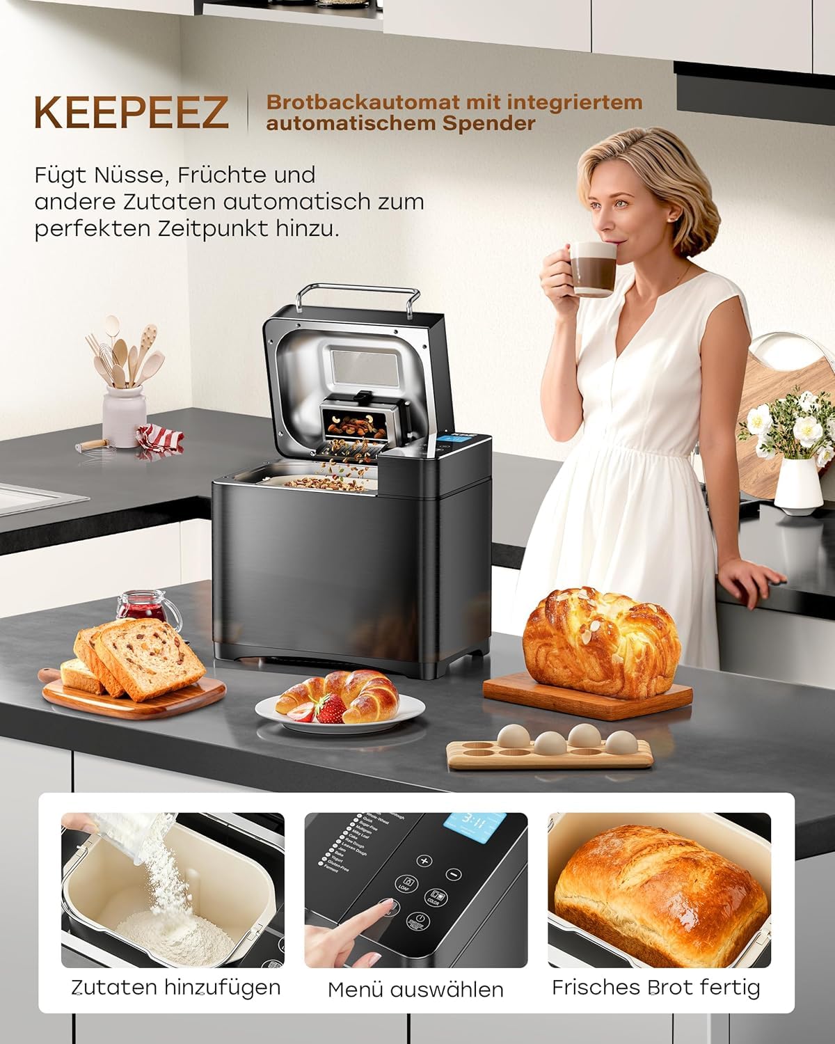 Macchina per il pane 17 in 1 – Due elementi riscaldanti, 710 W, in acciaio inox, senza glutine, impasto, marmellate, programmi di yogurt, dispenser per noci, stampo in ceramica e touch screen