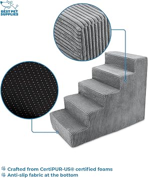 Best Pet Supplies Dog Stairs & Steps - Foam Steps for Small Dogs & Cats, Non-Slip Indoor Balanced Pet Step Support, Dog Ramp, No Assembly, Gray, 5-Step (22.5-inch Height)