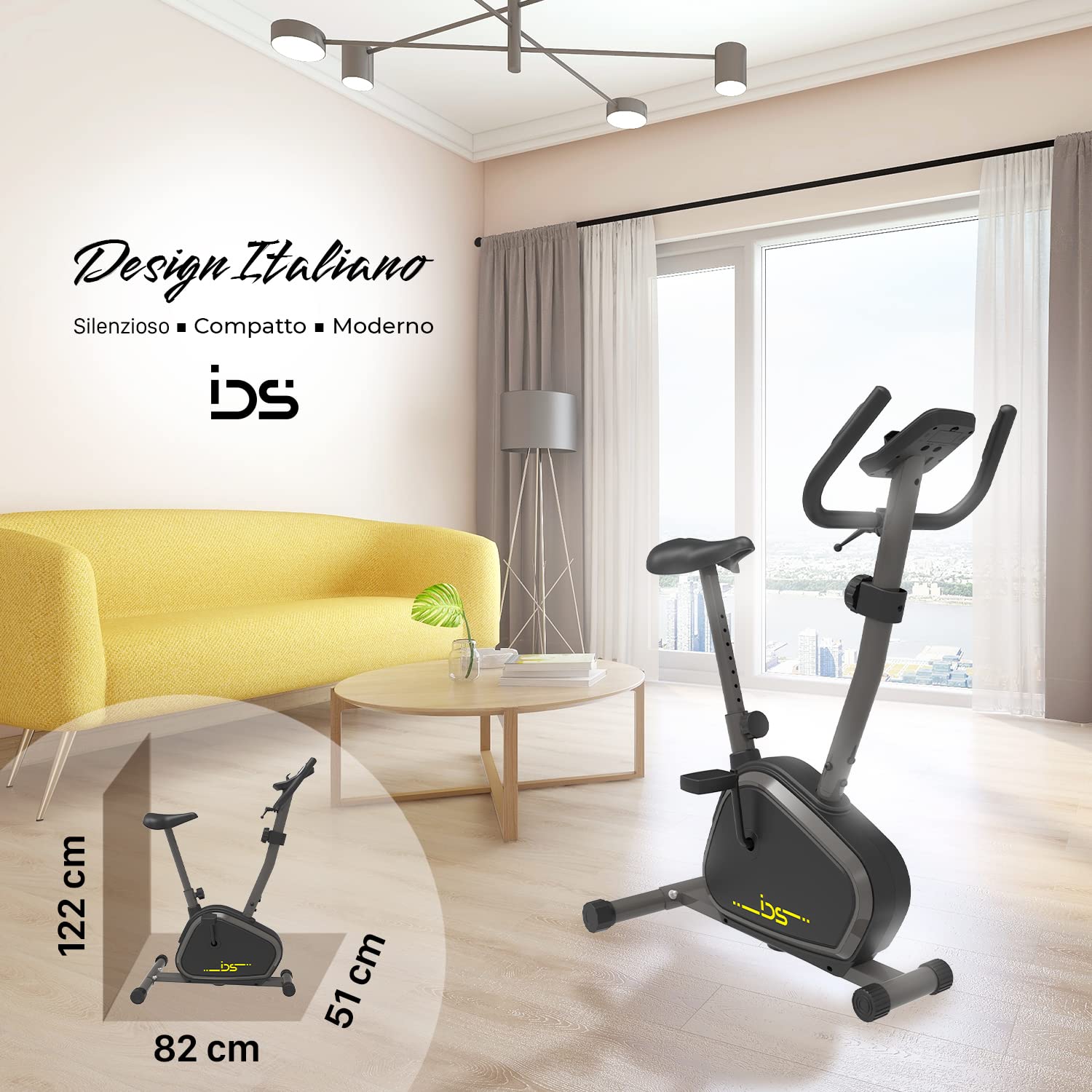 IDS Cyclette da Camera C100, Resistenza Magnetica 8 Livelli, Display Digitale Multifunzione, Sensori Cardio, Sella Regolabile Comfort XL, Pedali Tecnologia EasyFlow, Professionale, Sicura e Stabile