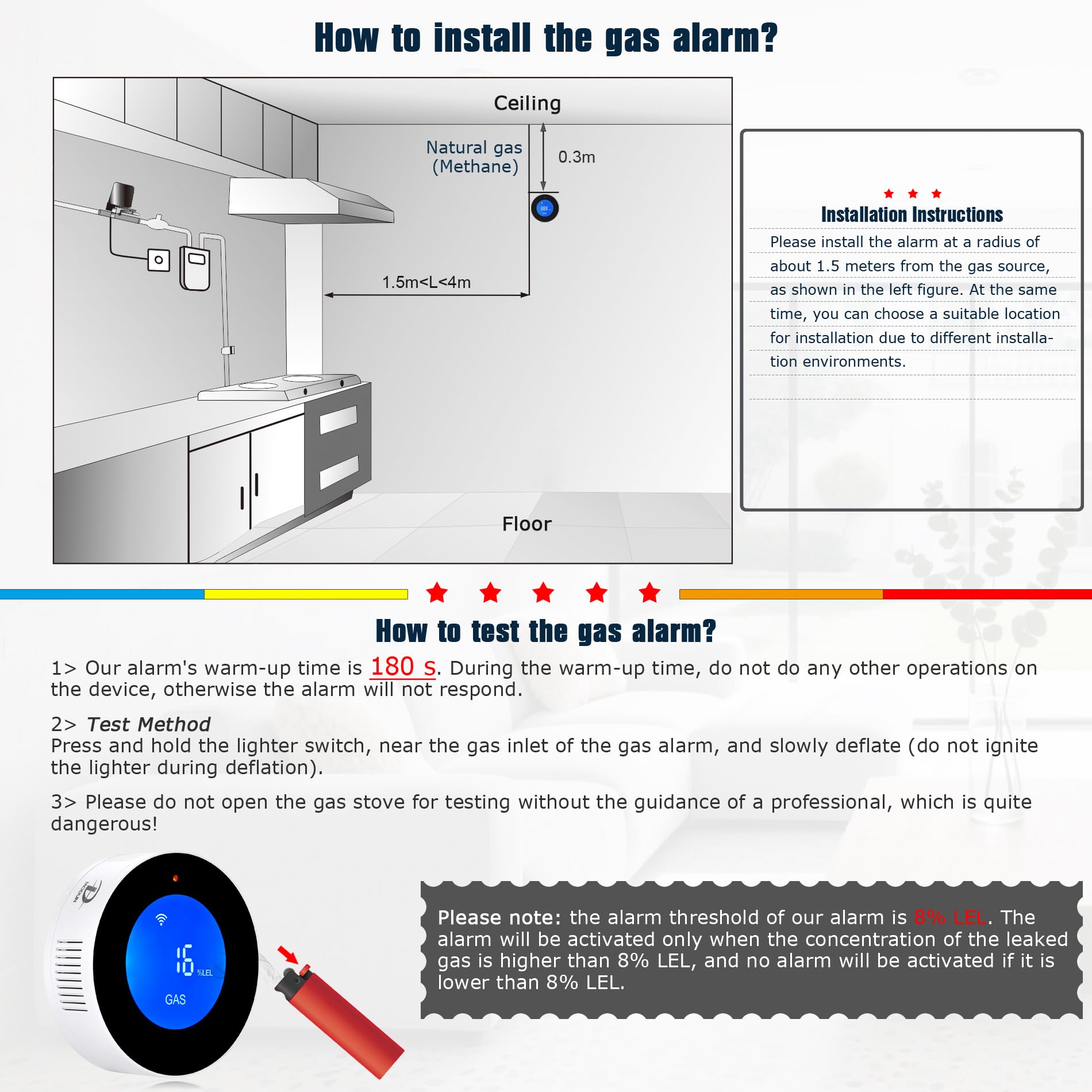 Detectores de Gas natural con WiFi, alarma portátil de fugas de gas compatible con aplicación inteligente, Tuya, sensor de gas metano con alarma de voz de 85 dB y alarma visual de concentración de gas