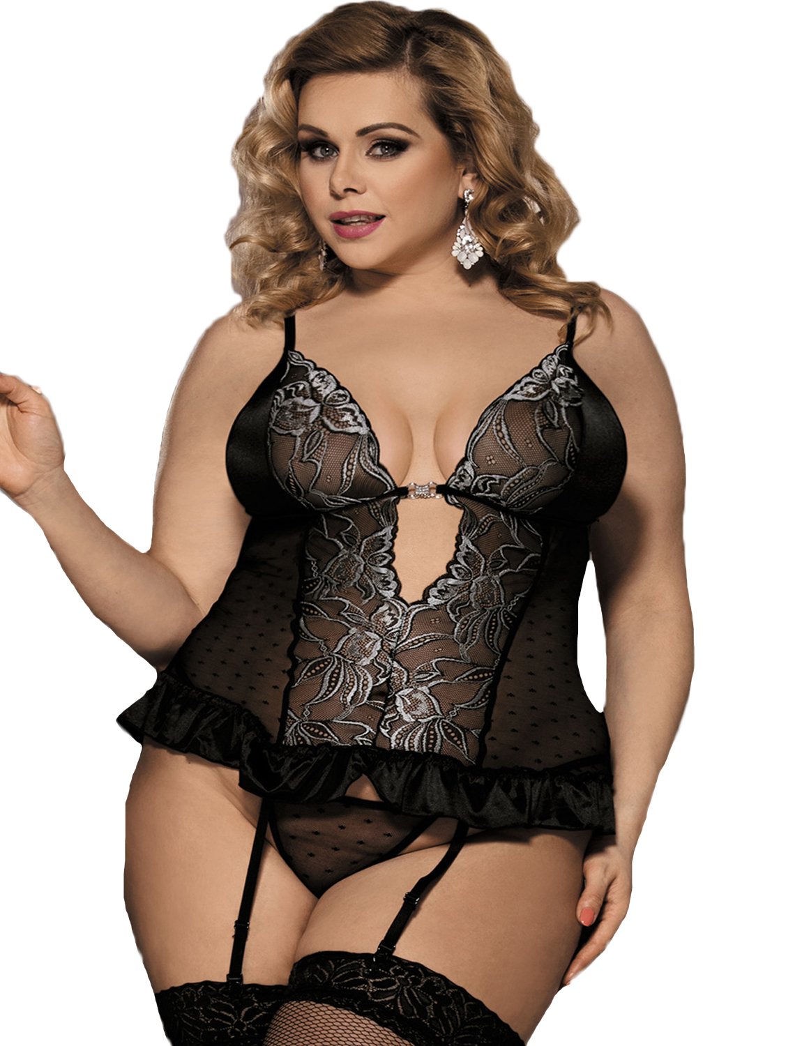 Yummy Bee Women's Black Lingerie Plus Size 10-22 Chemise Babydoll Body Suspenders Lace Set Underwired (22)