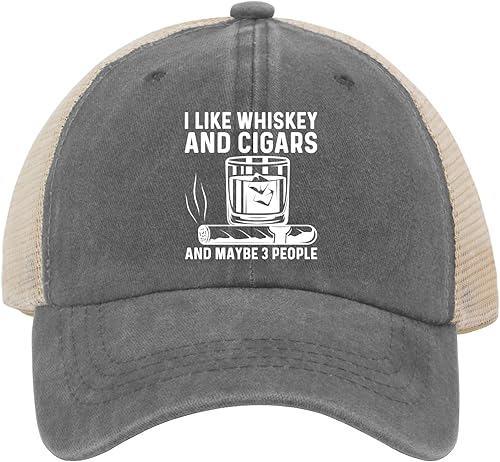 Miniatura 8 de Gorra de béisbol con texto en inglés "I Like Whiskey and Cigars and Maybe 3 People", gorra de béisbol de malla divertida para el verano, gris01