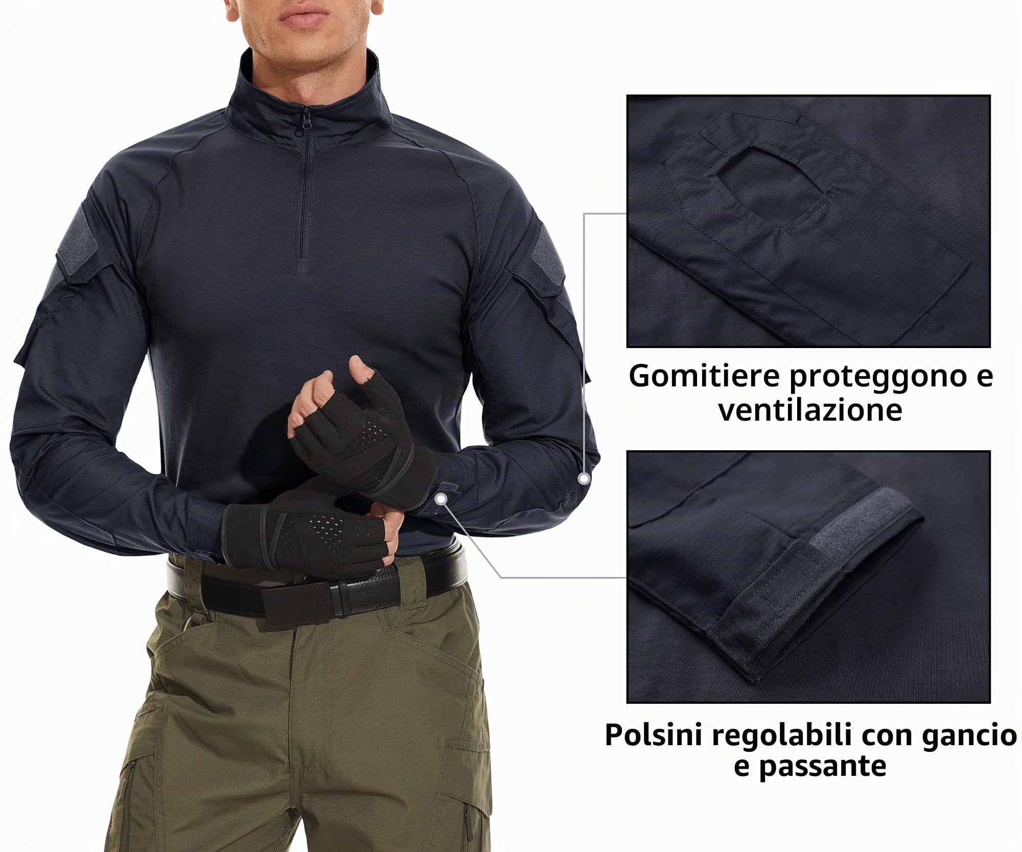 TACVASEN Uomo Camicie a Maniche Lunghe da Combattimento in Cotone con Tasche