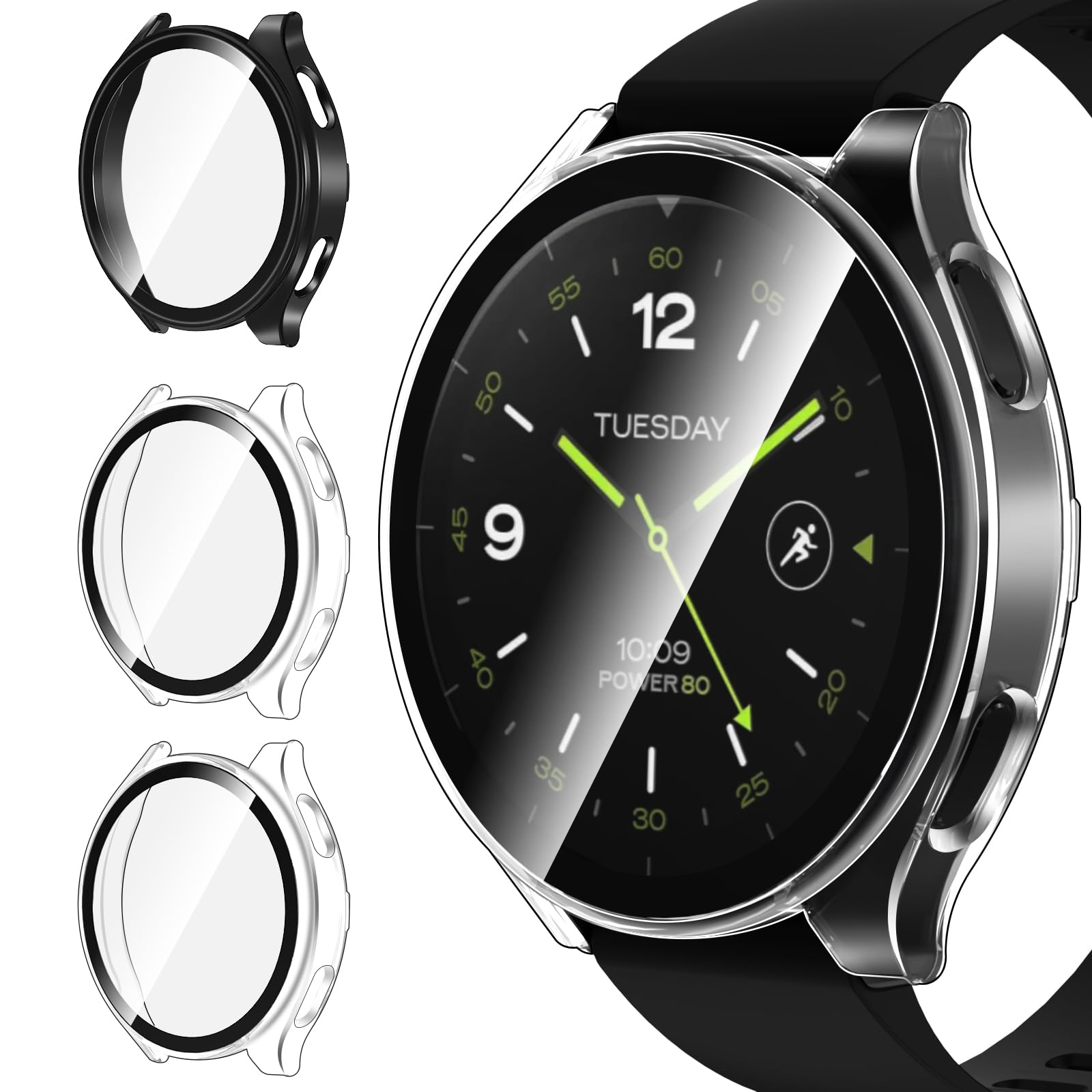 ivoler 3 szt. twarde etui PC ze szklaną ochroną ekranu do zegarka Xiaomi Watch 2, pełne pokrycie, ultracienkie, odporne na zarysowania etui ochronne, 2 przezroczyste + 1 czarny
