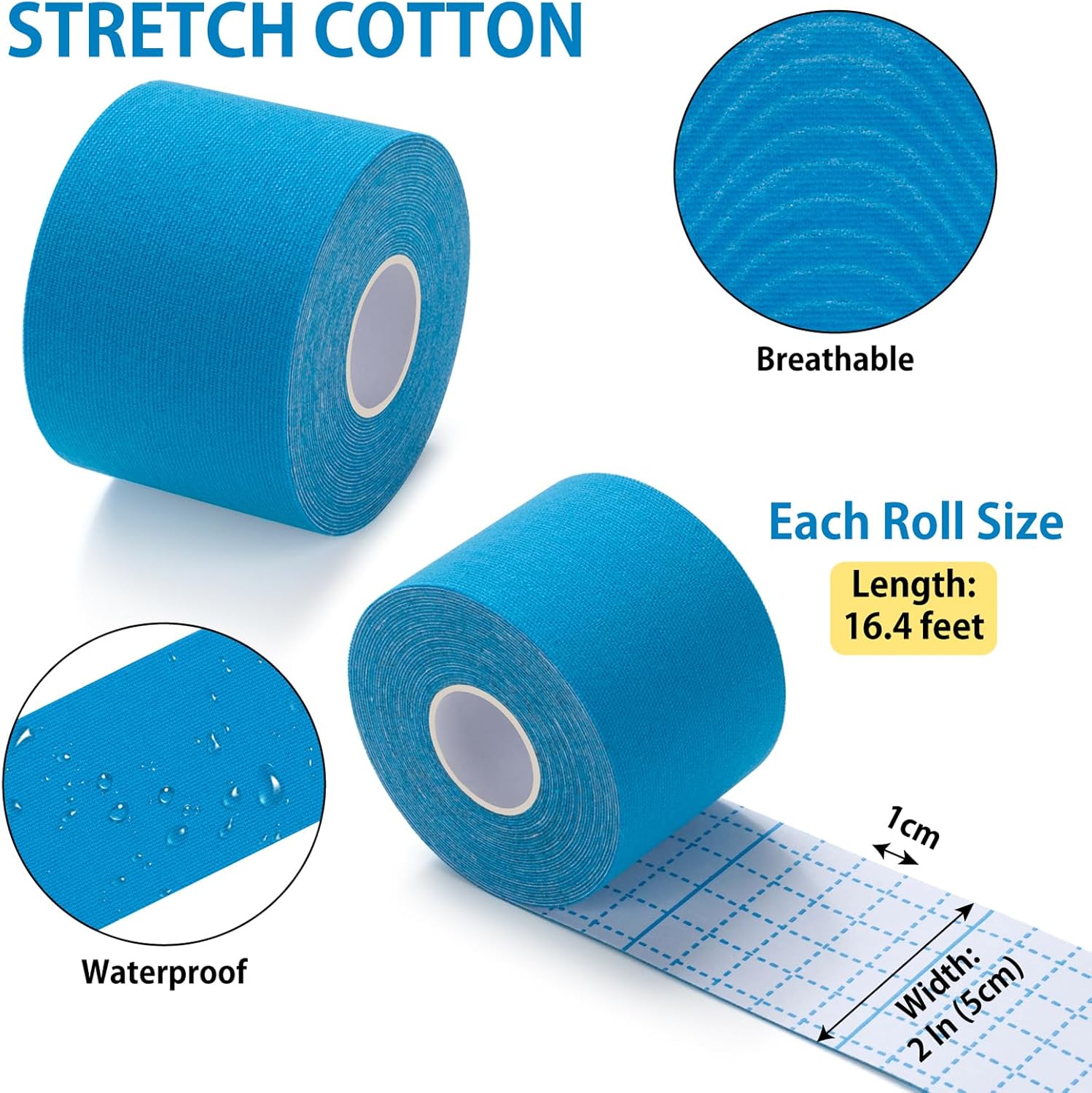 Kinesiology Tape Sports Waterproof Tape Elastic Cotton Athletic Tape Uncut Strips Latex Free, Hypoallergenic Tape for Muscle Pain Relief and Joint Support, 2in×16.4ft, 3 Rolls