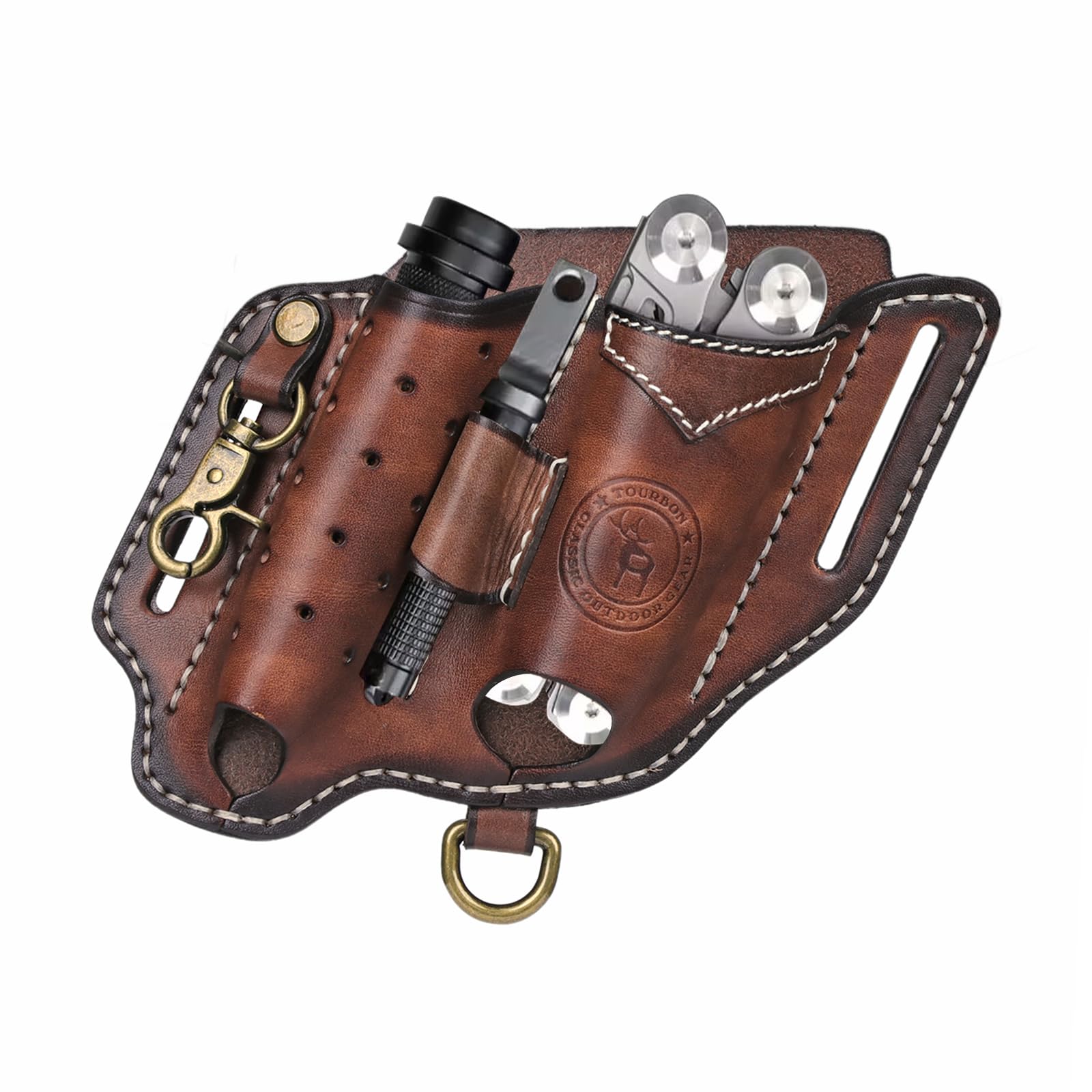 Tourbon Étui multifonction pour ceinture en cuir EDC Organiseur de poche avec porte-clés et étui de lampe de poche