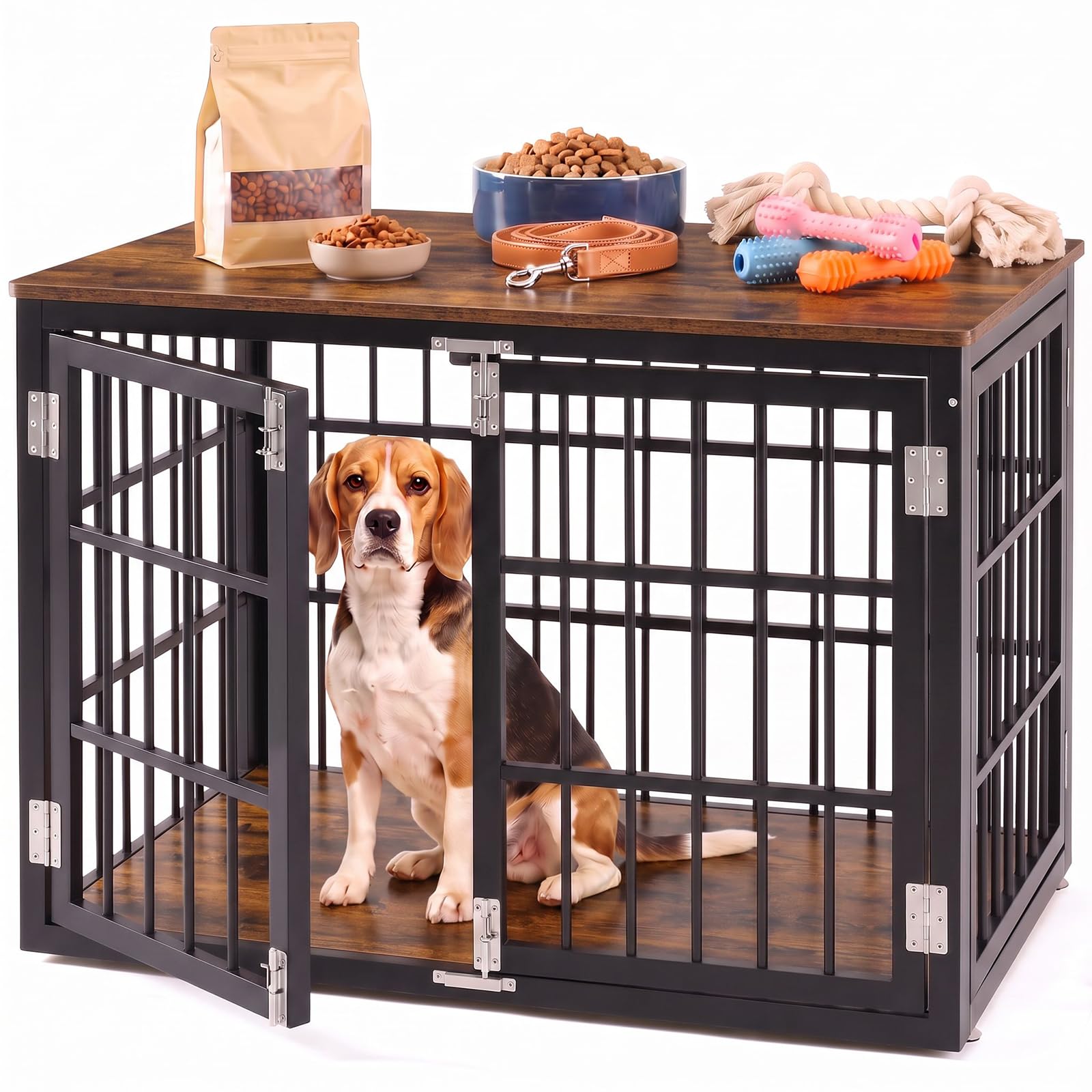 NEWBULIG 42 Inch Dog Crate Furniture for Large Dogs, Space Saving Pet House End Table with Double Lock Door, Heavy Duty Indoor Kennel for Living Room, Black &amp; Rustic Wood