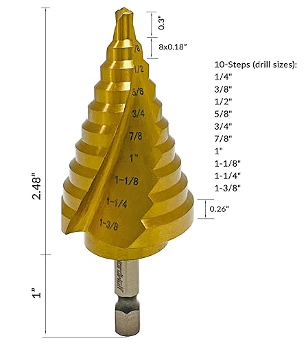 Miniatura 6 de NordWolf Broca de titanio SAE HSS, ranura en espiral, doble flauta Unibit con vástago hexagonal de 14 pulgadas para chapa, 10 tamaños de escalón