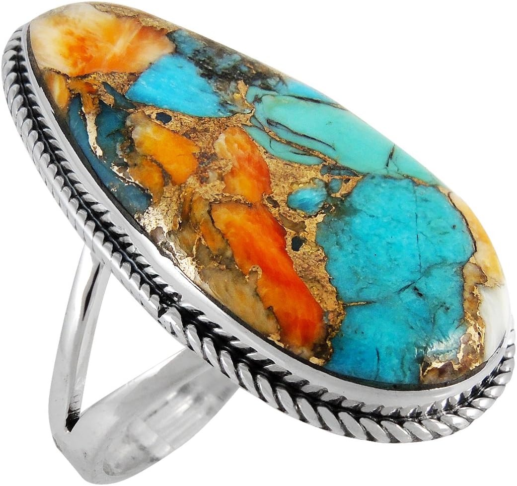 Spiny Oyster & Turquoise Ring in Sterling Silver 925 Genuine Gemstones