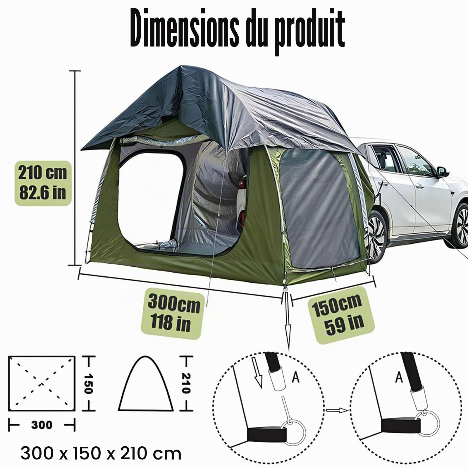 Tente D'auvent de Voitures, 300cm*150cm*210cm Tente de hayon Voiture Peut accueillir 2-3 Personnes Tente de hayon de Voiture Tente Hayon Voitures de étanche de Protection Solaire (Verde)