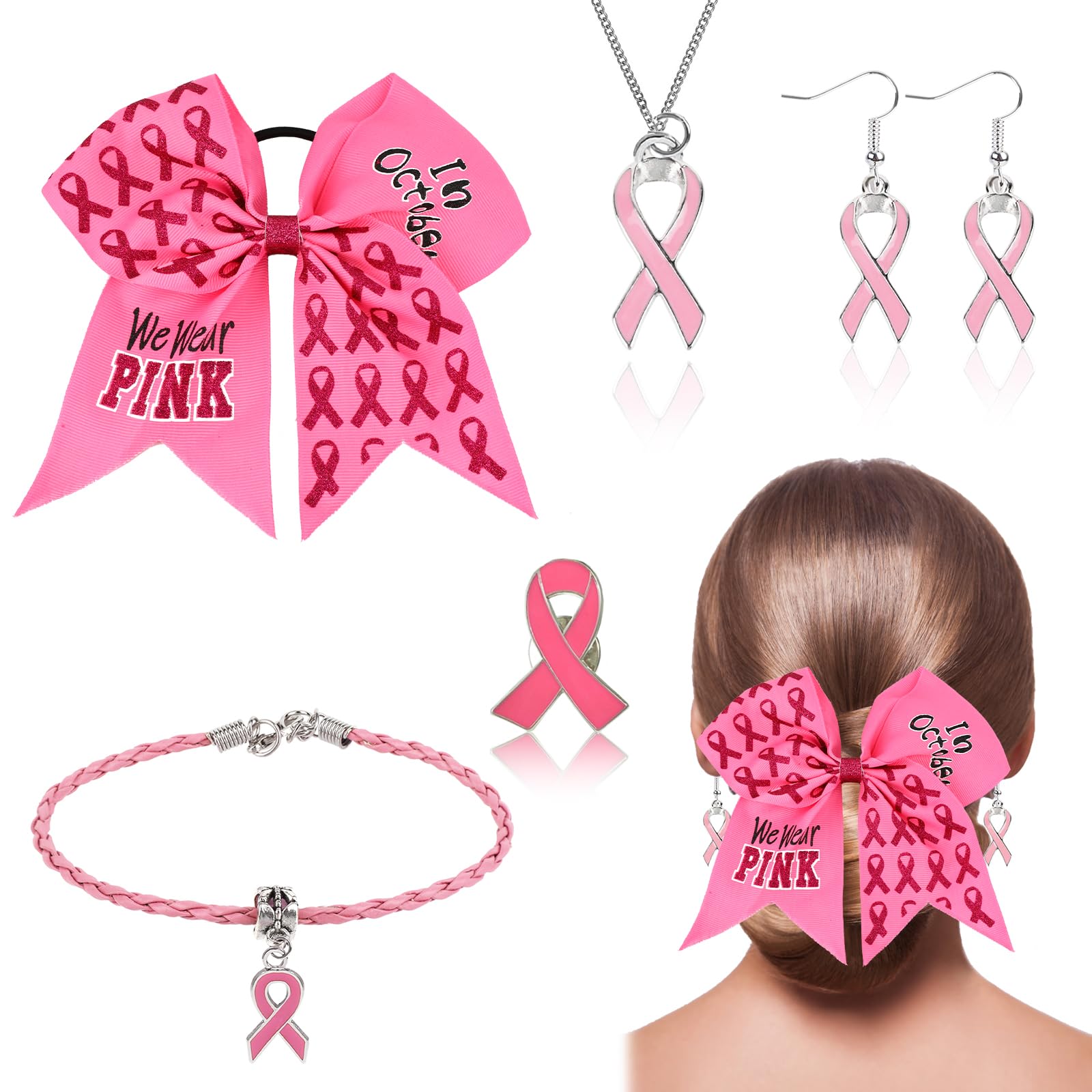 HOWAF Breast Cancer Awareness Costume Accessories, Pink Ribbon Breast Cancer Pink Hair Bow Necklace Earrings Bracelet Breast Cancer Pin Badge Breast Cancer Survivor Cancer Gifts for Woman Girl