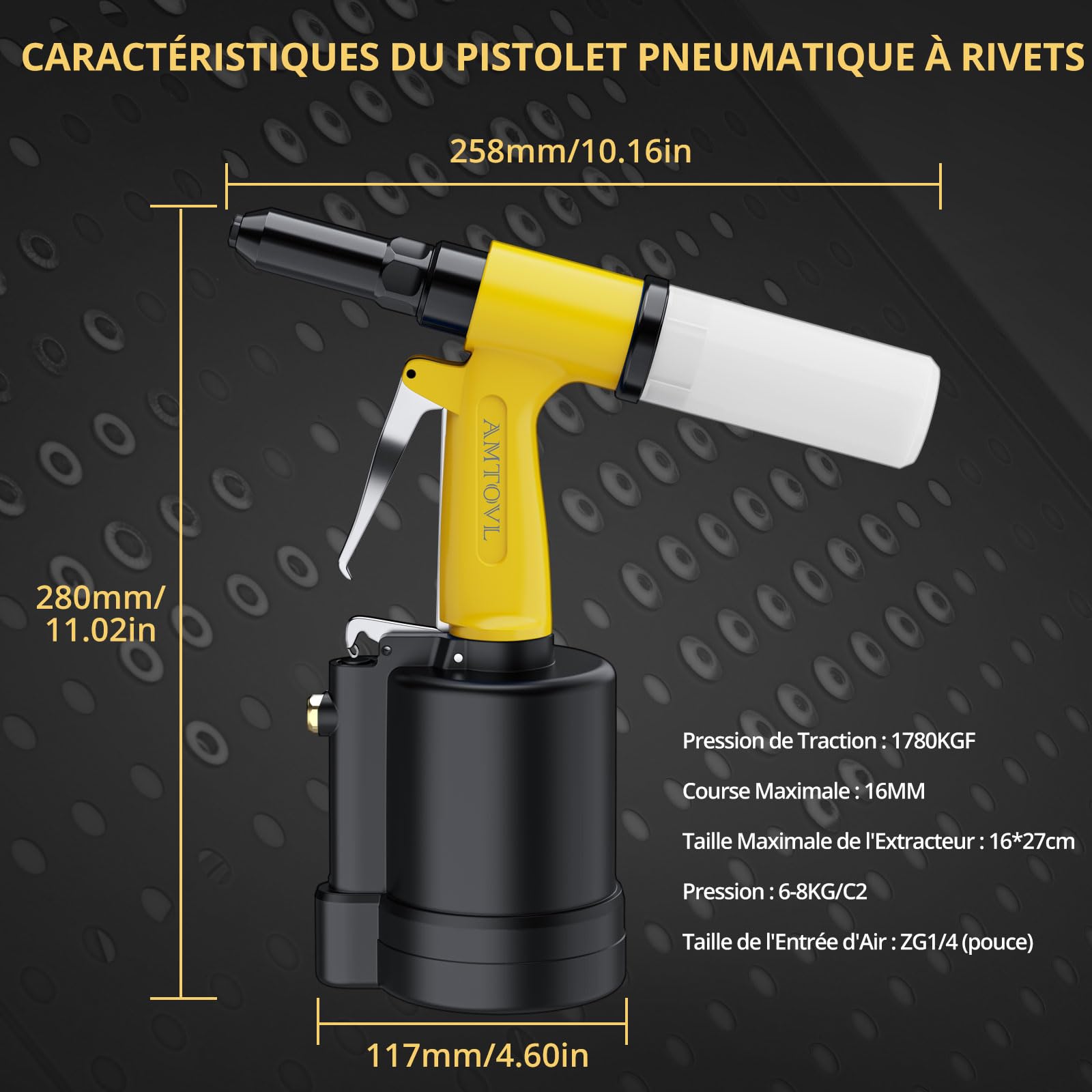 AMTOVL Riveteuse Pneumatique avec 1780KGF pour 5 Tailles 2.4mm(3/32") 3.2mm (1/8") 4mm (5/32") 4.8mm (3/16") 6.4mm (1/4") Pistolet à Rivet Pneumatique pour Réparation Automobile Industrie Rénovation