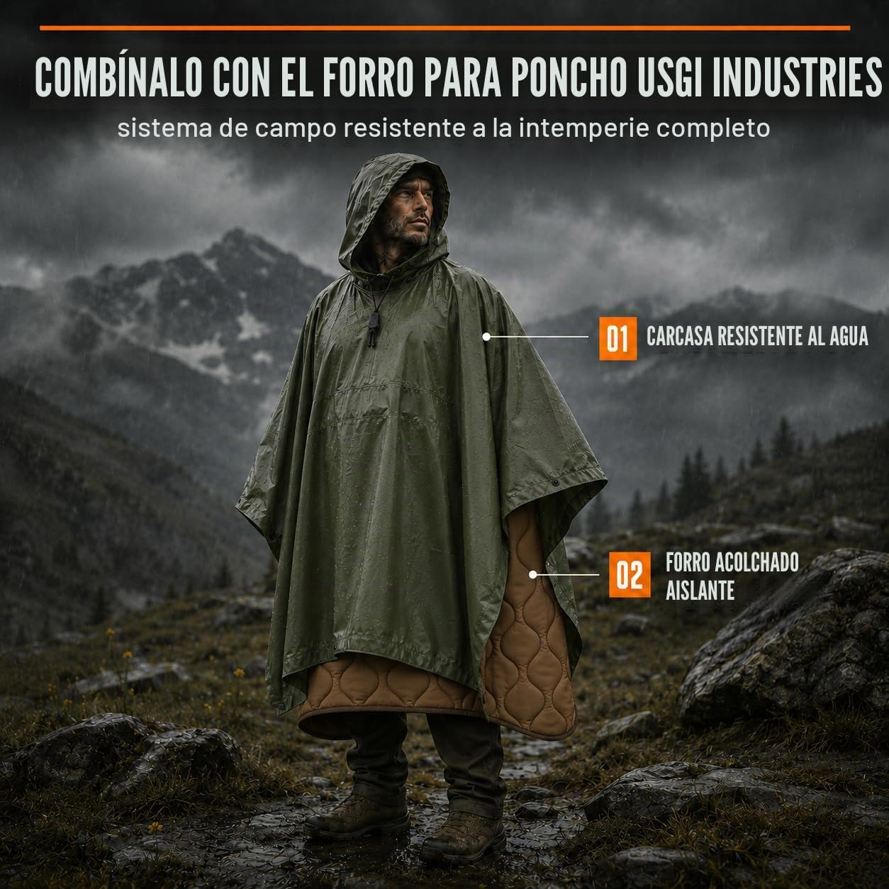 USGI Industries - Poncho de estilo militar multiusos, material ripstop (antidesgarro), de camuflaje, para lluvia
