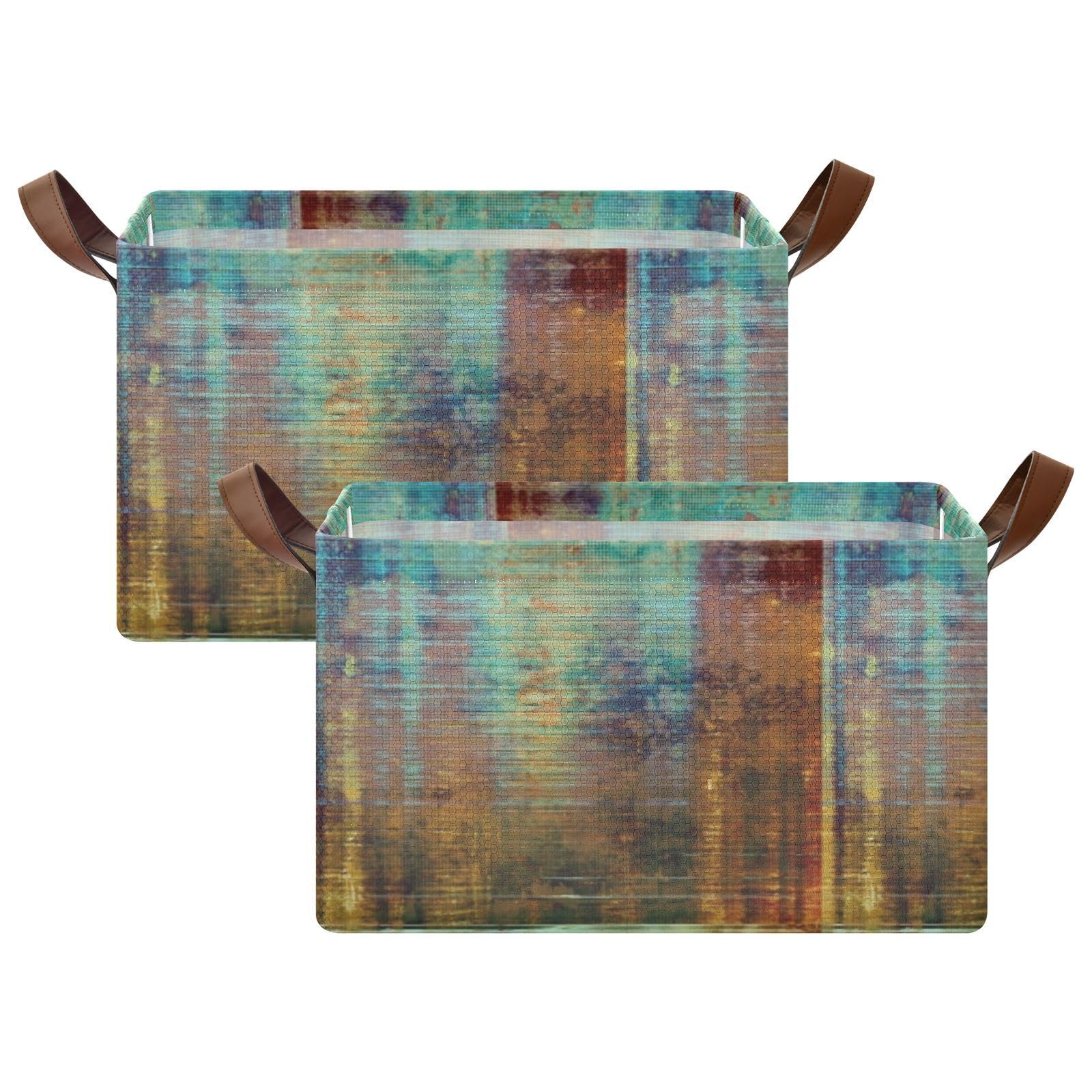 Antique Frame with Vintage Background Brown Green Blue Retro 2PC Rectangle Foldable Frame Basket Leather Handles Storage Bin for Laundry Bathroom Organizer M 16.9 x 11.4 x 10 inch