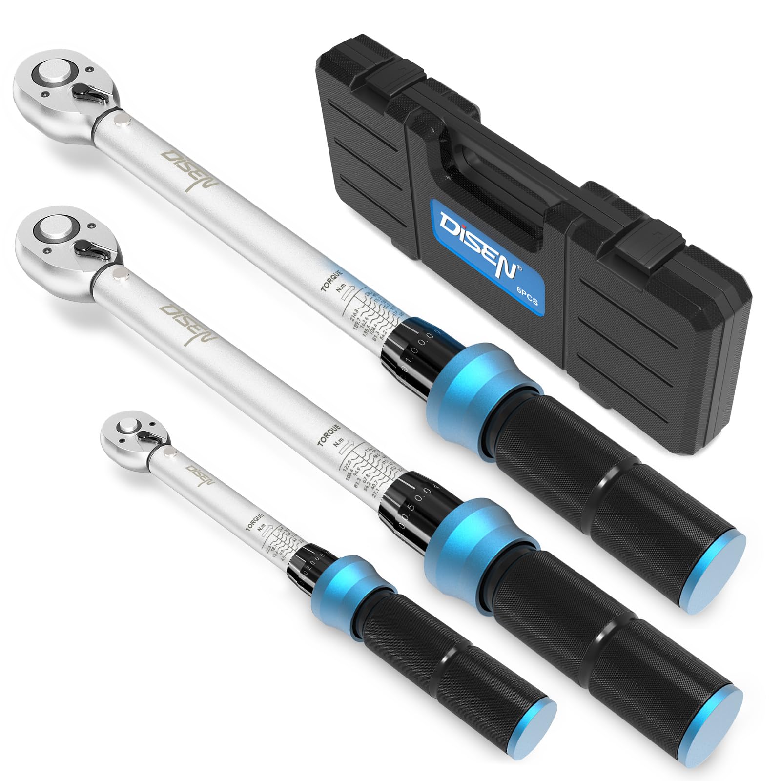 DISEN 3-tlg Drehmomentschlüssel Set, ±3% Fehlergenauigkeit, 1/2", 3/8", 1/4", Bidirektionaler Ratschenkopf für Auto Motorrad Fahrrad Mit Kalibrierzertifikat & Aufbewahrungskoffer