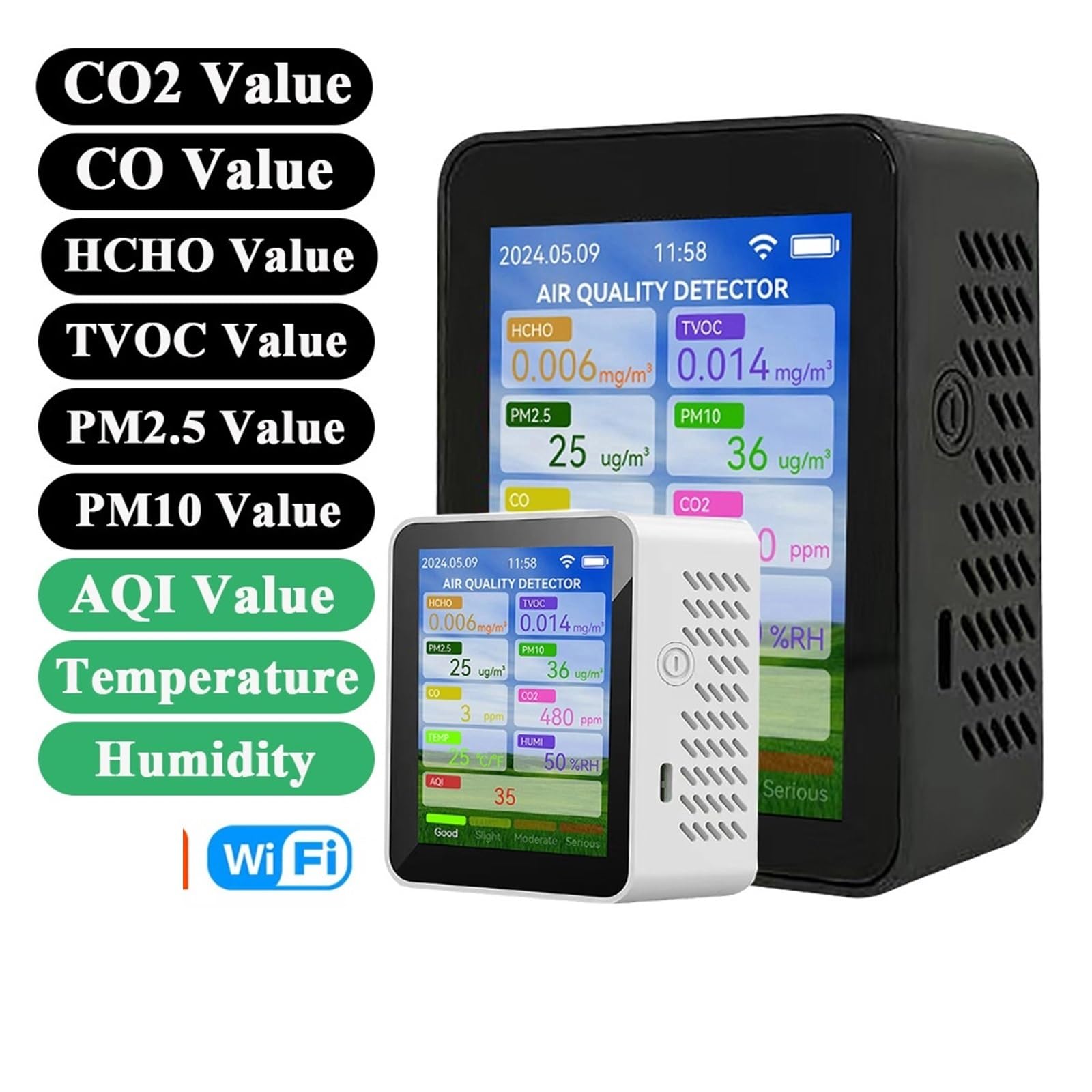 Monitor de calidad del aire, Medidor De Calidad Del Aire WiFi For El Hogar HCHO TVOC Monóxido Carbono CO2 PM2.5 PM10 Detector Temperatura Y Humedad TFT 2,8 Pulgadas(Black)