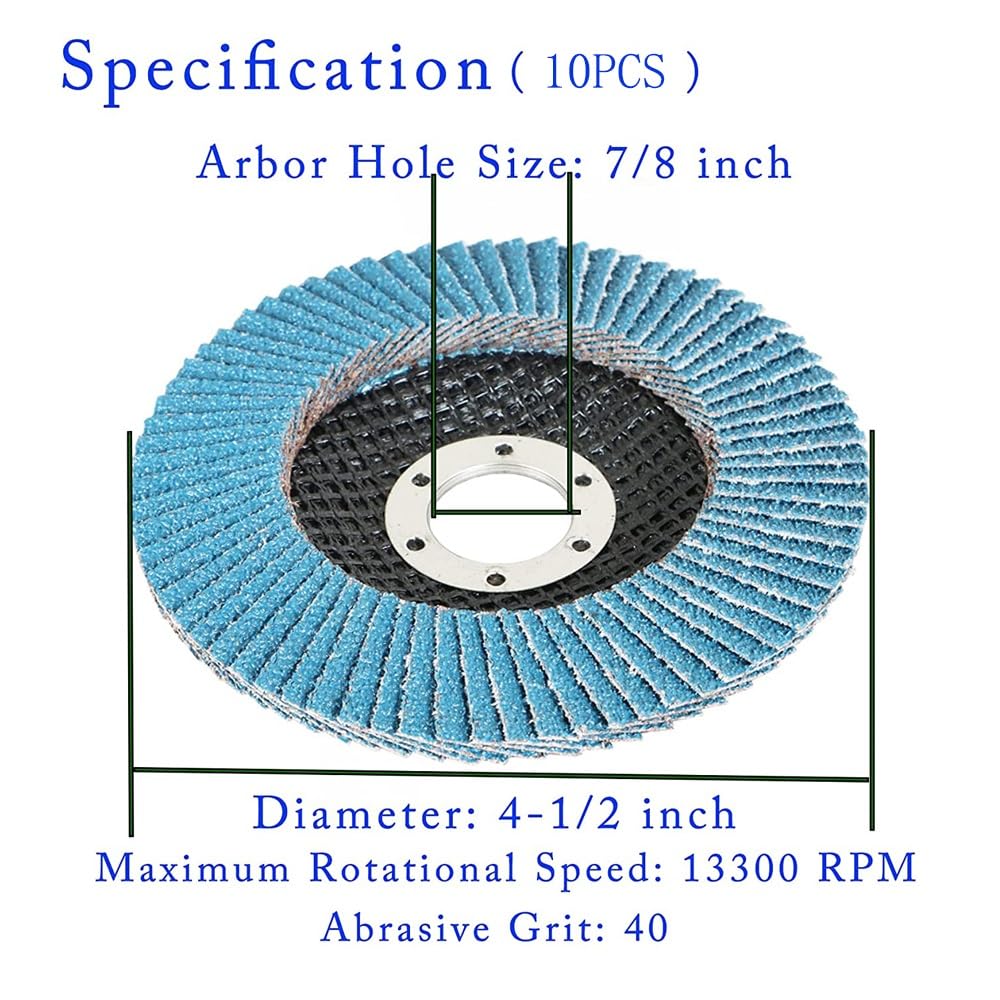 Confezione da 10 dischi lamellari, dischi abrasivi in ​​zirconio da 4-1/2" x 7/8" for smerigliatrici angolari(40grit)