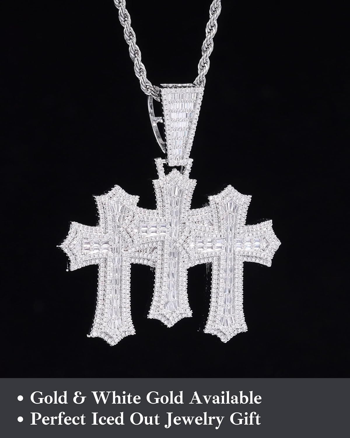 LuxeFlex Iced Out Baguette Diamond Cross Pendant, 14K Gold Plated Religious Three Stacked up Gothic Cross Necklace, Hip-Hop Jewelry for Men Women