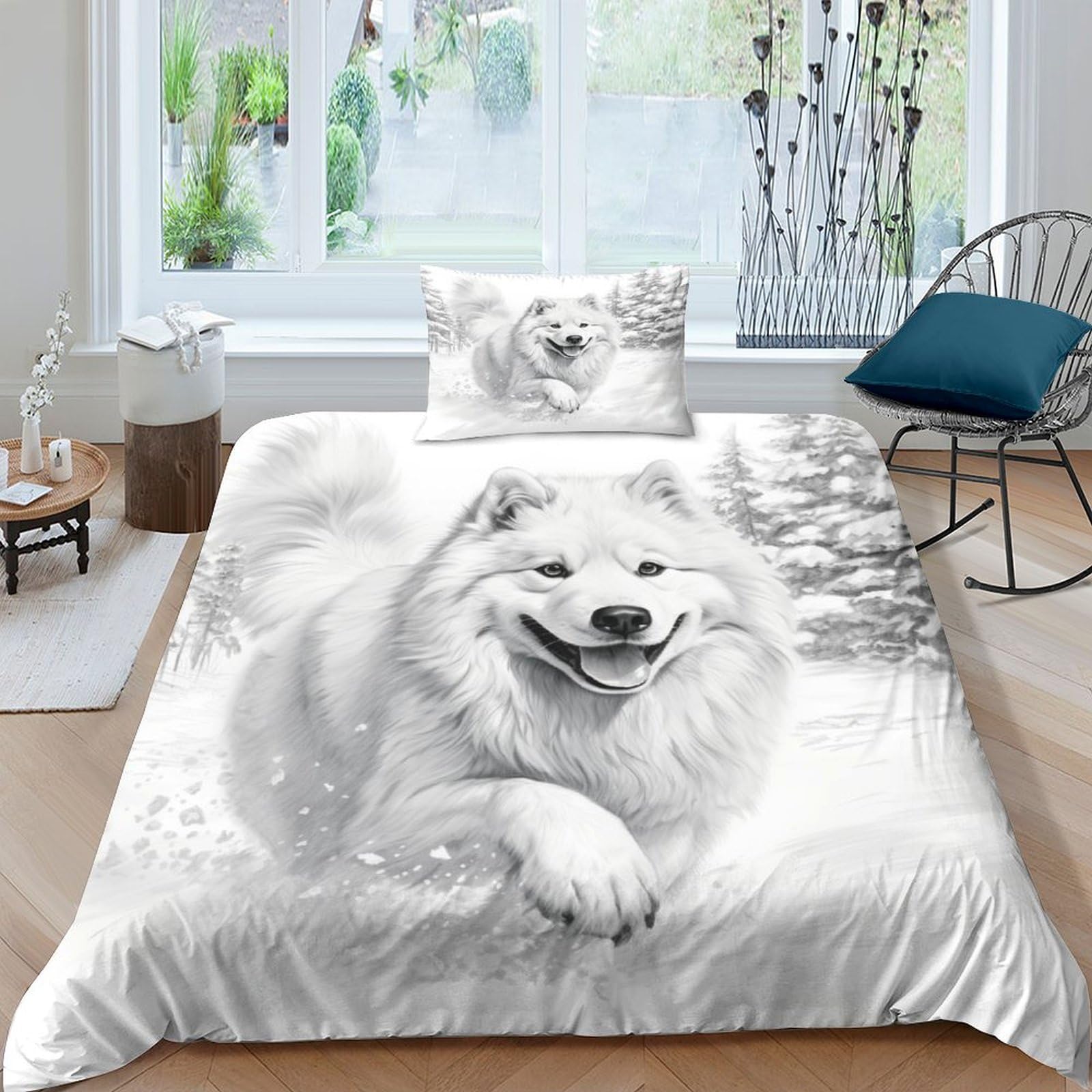 Parure de lit microfibre ultra douce 135x200 pour chambre lit simple Samoyed