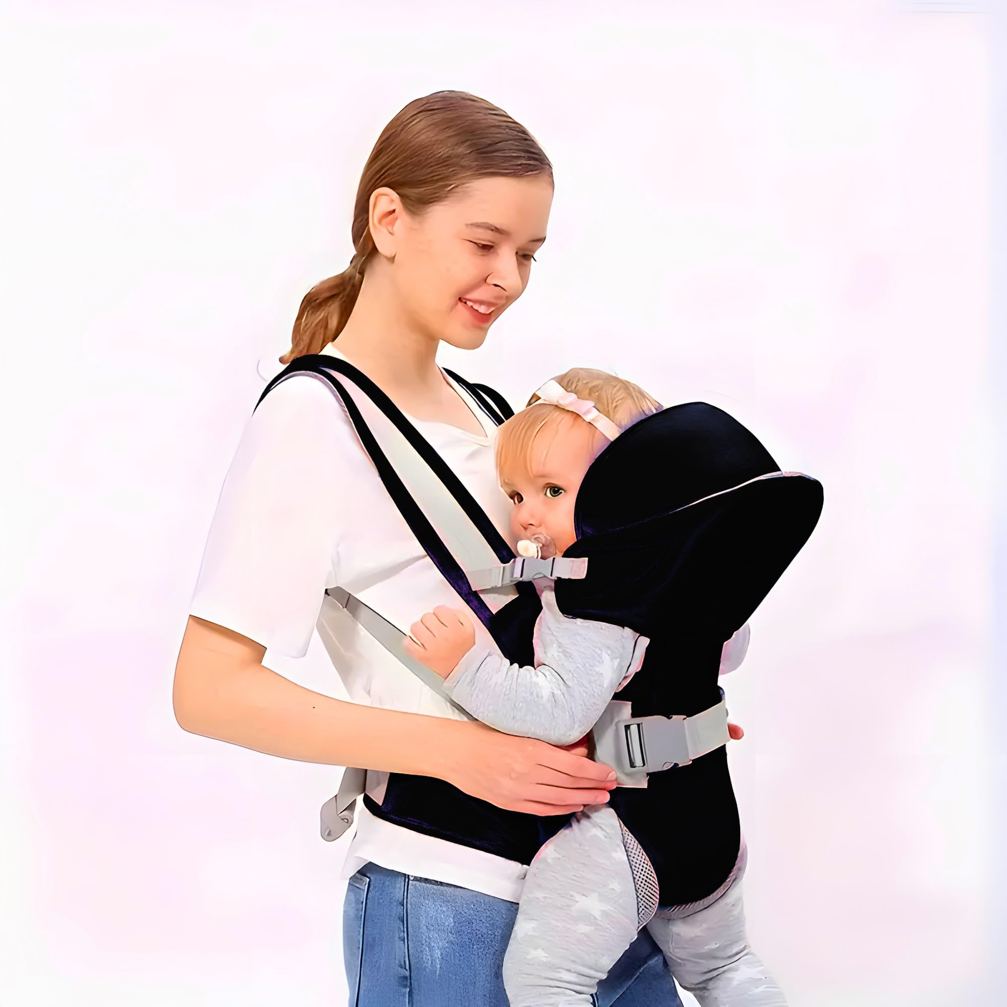 ZETO Front Carry Facing Carrier Bag, Adjustable Hands-Free 4-in-1 Baby/Sling Carrier Bag, Child Safety Strip, and Baby Back Carrier Bag (Black)-image-5