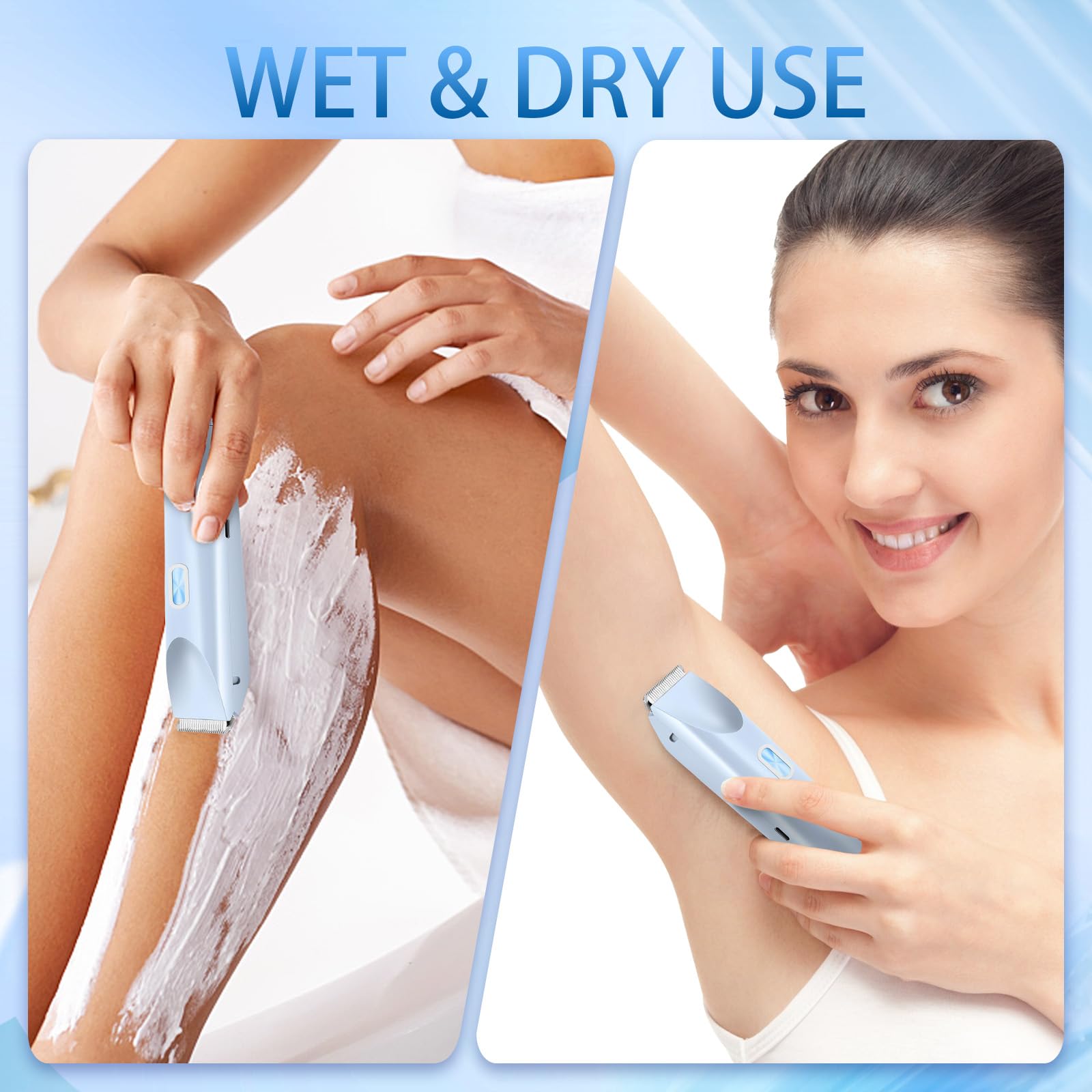 Elektrischer 2-in-1-Haarschneider für Damen mit zwei Köpfen, wasserdichter, wiederaufladbarer Körperrasierer für Bikinizone, Intimbereich, Beine und Achselhöhlen(Blau)