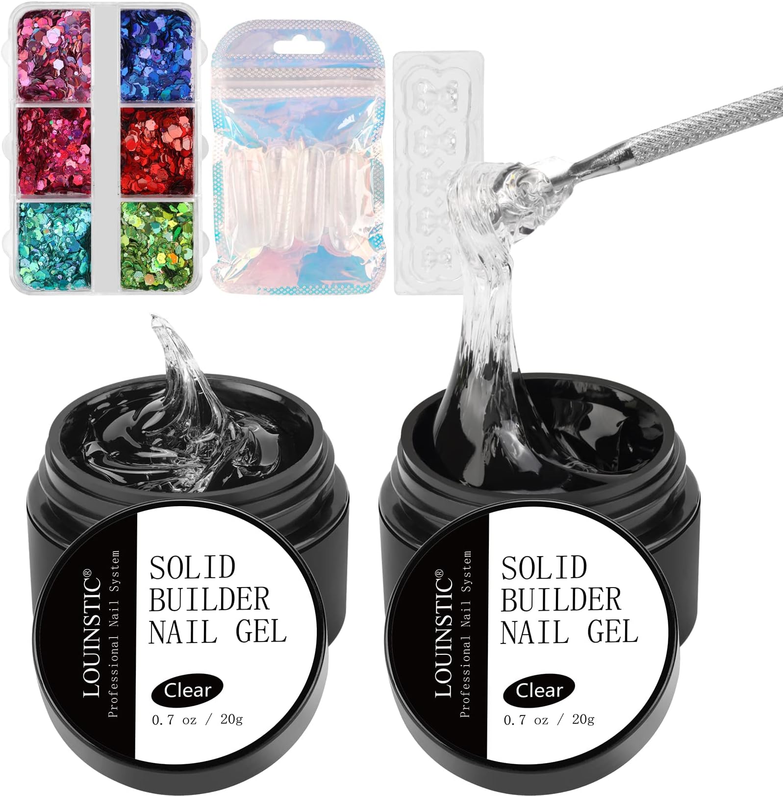 Solid Builder Gel for Nails Non Sticky, Clear Extension Nail Gel For Nails,Hard Gel 3d Sculpting for Nail Art Molding, with Sequins (2pcs,0.7oz)