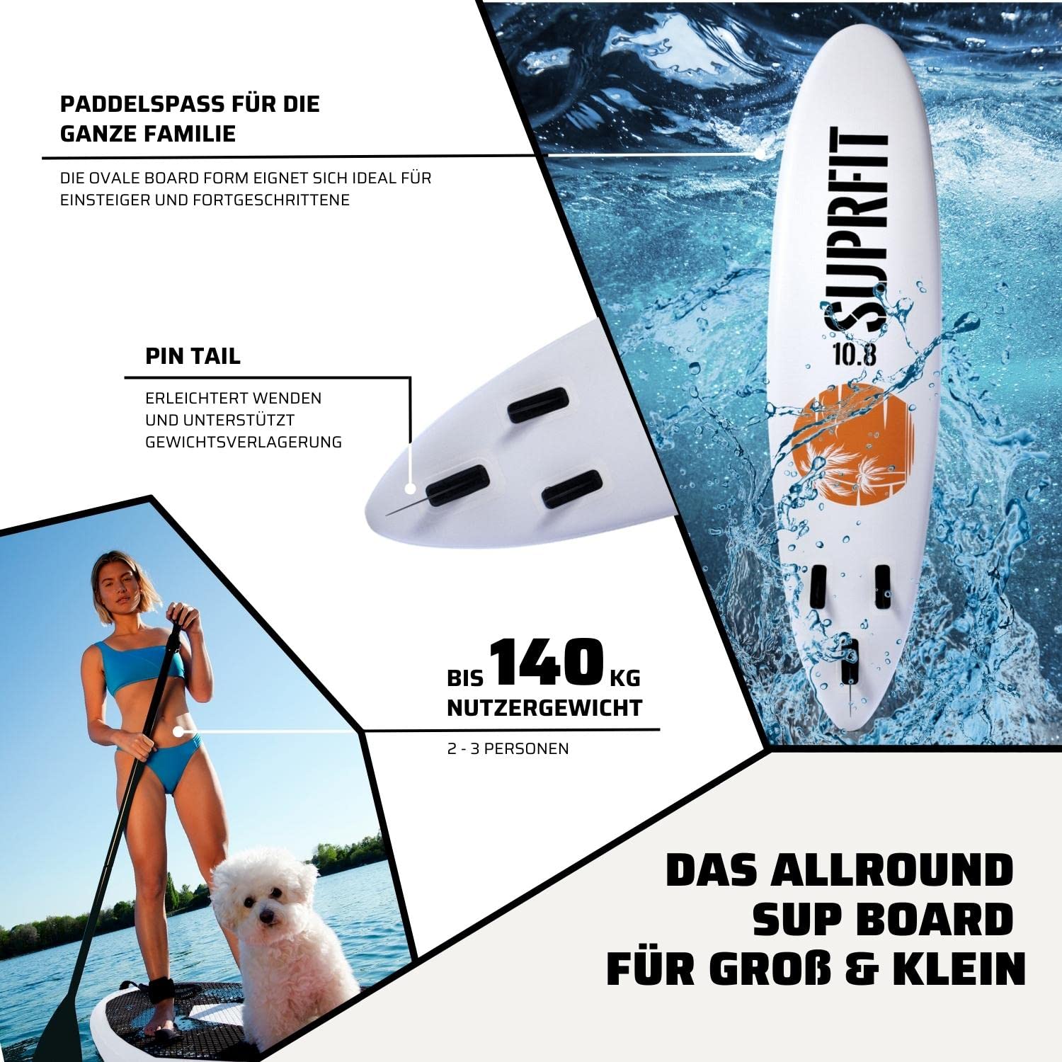 SUPRFIT SUP Deska do wiosłowania SUP dla dorosłych, zestaw desek do wiosłowania z podwójną warstwą PCW, deska do wiosłowania, nadmuchiwane deski do wiosłowania, 330 x 78 x 15 cm, maks. 150 kg