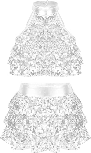 Miniatura 2 de JEATHA Top corto con lentejuelas brillantes y borla halter para niñas con minifalda jazz latino salsa samba rumba