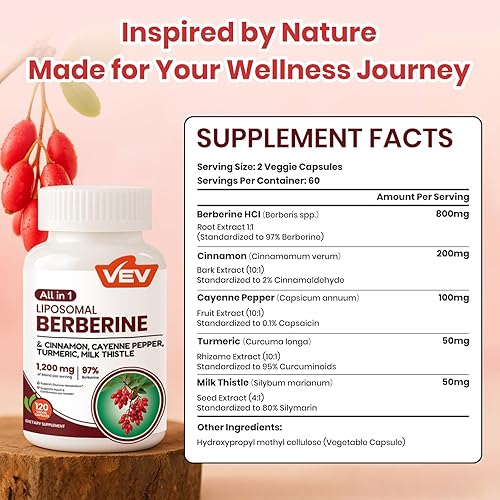 Miniatura 2 de VEV Suplemento de berberina con canela de Ceilán, pimienta de cayena, cúrcuma, cardo mariano, vegano y sin OMG, 120 cápsulas