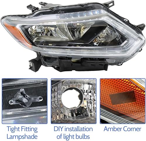 Miniatura 4 de Sunhua Conjunto de faros delanteros con LED DRL para Nissan Rogue 2014-2016, par de faros delanteros halógenos para el lado del conductor y el