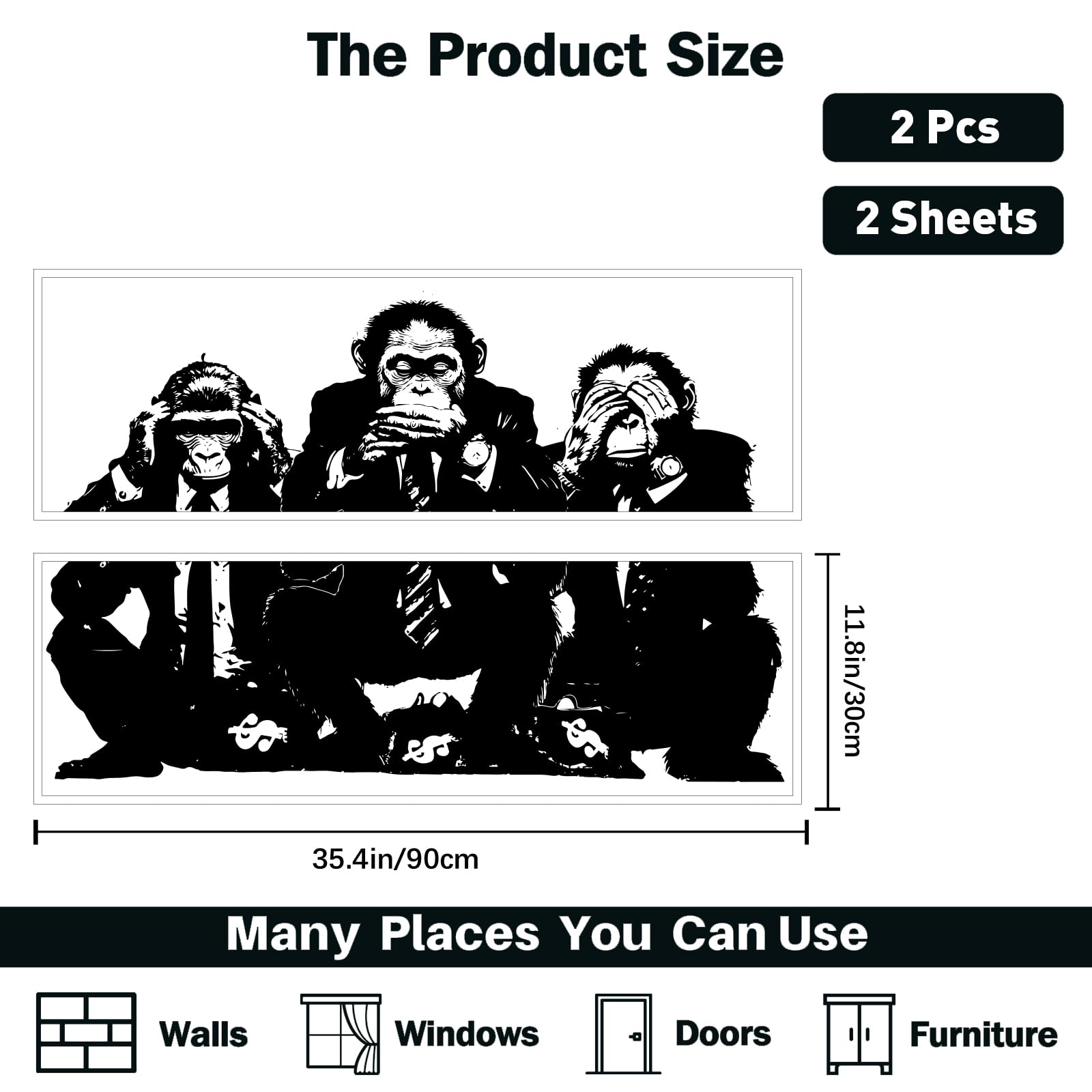 PLIGREAT 2 Sheets Banksy Three Wise Monkey Wall Stickers Removable Vinyl Decals Street Banksy Graffiti Wall Art Murals for Office Men Bedroom Home Decor DIY Decorative Stickers - Image 4