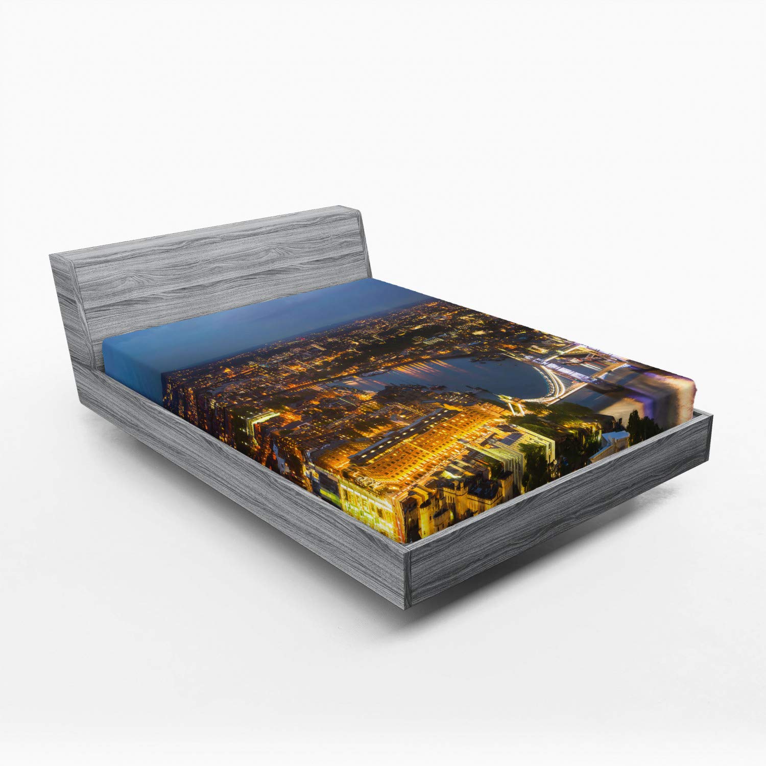 Ambesonne Modern Fitted Sheet, Sunset at London England Cityscape Night Time and Tower Bridge Landmark Urban, Soft Decorative Fabric Bedding All-Round Elastic Pocket, Full Size, Bluegrey Yellow