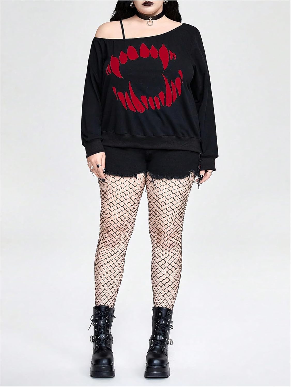 Verdusa Women's Plus Size Off The Shoulder Graphic Tee Long Sleeve Pullover Tops Goth Clothes - Image 6