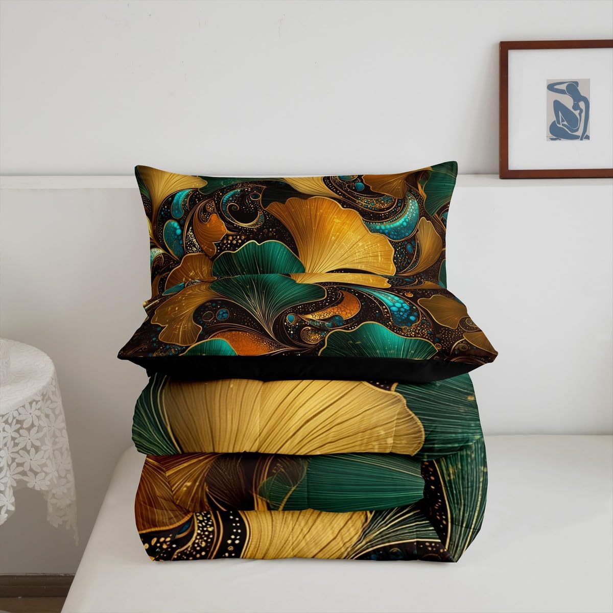 Ginkgo Leaves Comforter Set,Gradient Green Yellow Nature Leaf Bedding Sets for Kids Teens Adults,Geometric Spiral Swirls Golden Lines Modern Quilted Comforter with 1 Pillowcase Toddler Size 2 Pcs