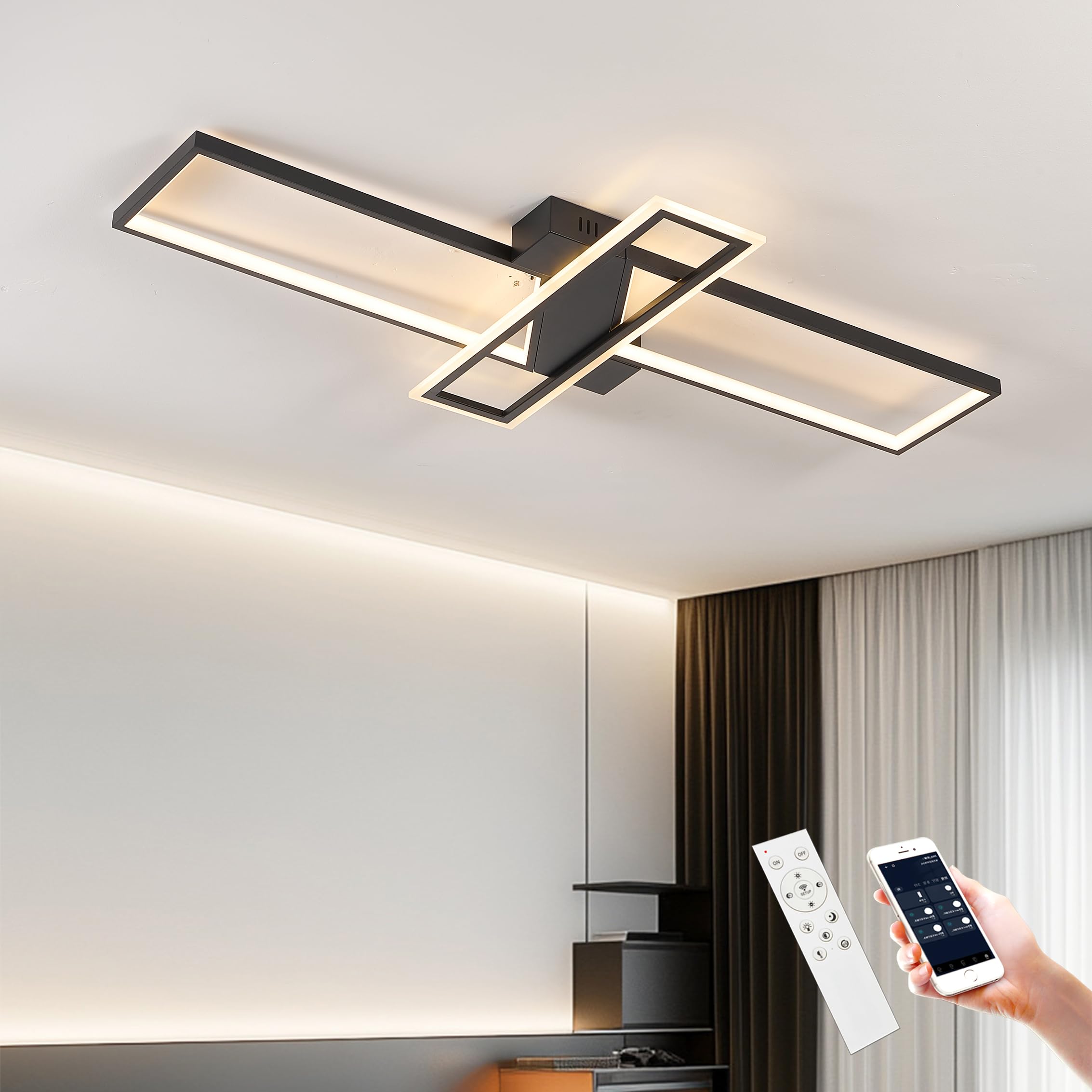 Narwhal Lampadario Led soffitto Moderno, Dimmerabile Plafoniera con Telecomando/APP, Timing e Funzione di Memoria, Plafoniere per Soggiorno,Camera da letto, Ufficio (Nero, 80cm)