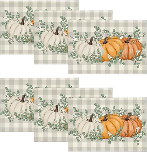 Artoid Mode Juego de 6 manteles individuales de otoño con diseño de calabazas naranjas, hojas de eucalipto, 12 x 18 pulgadas, para decoración de