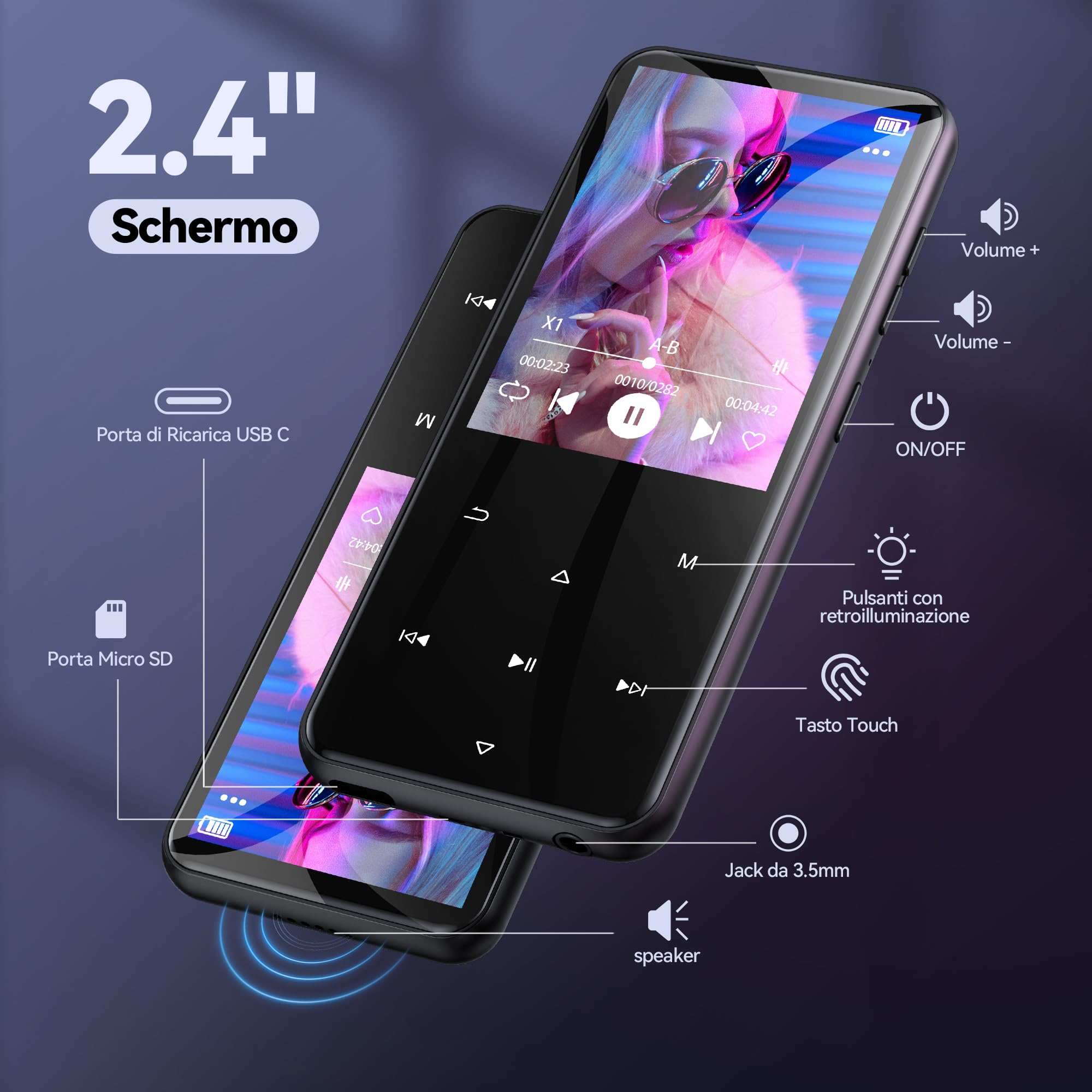 AGPTEK Lettore MP3 Bluetooth 5.3, Lettore Musicale da 64 GB in Metallo, Schermo da 2,4", Qualità Sonora HiFi, MP4 con Pulsanti Touch, Altoparlante, Radio FM, Registratore, 60 Ore di Musica - Nero