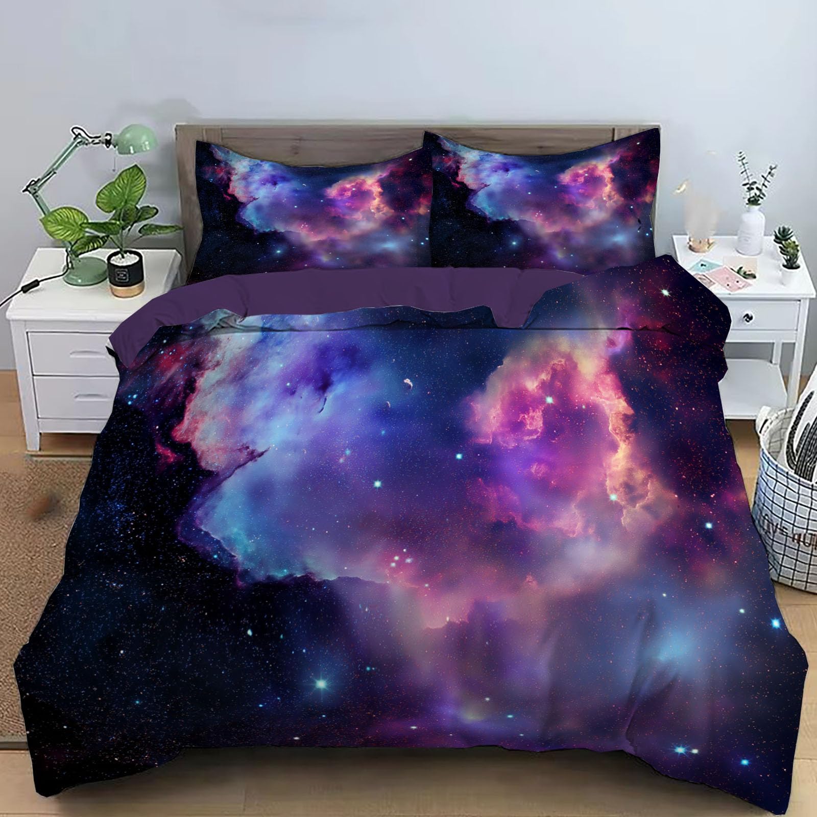 Parure housse couette en microfibre imprimé galaxie noir violet lit adulte