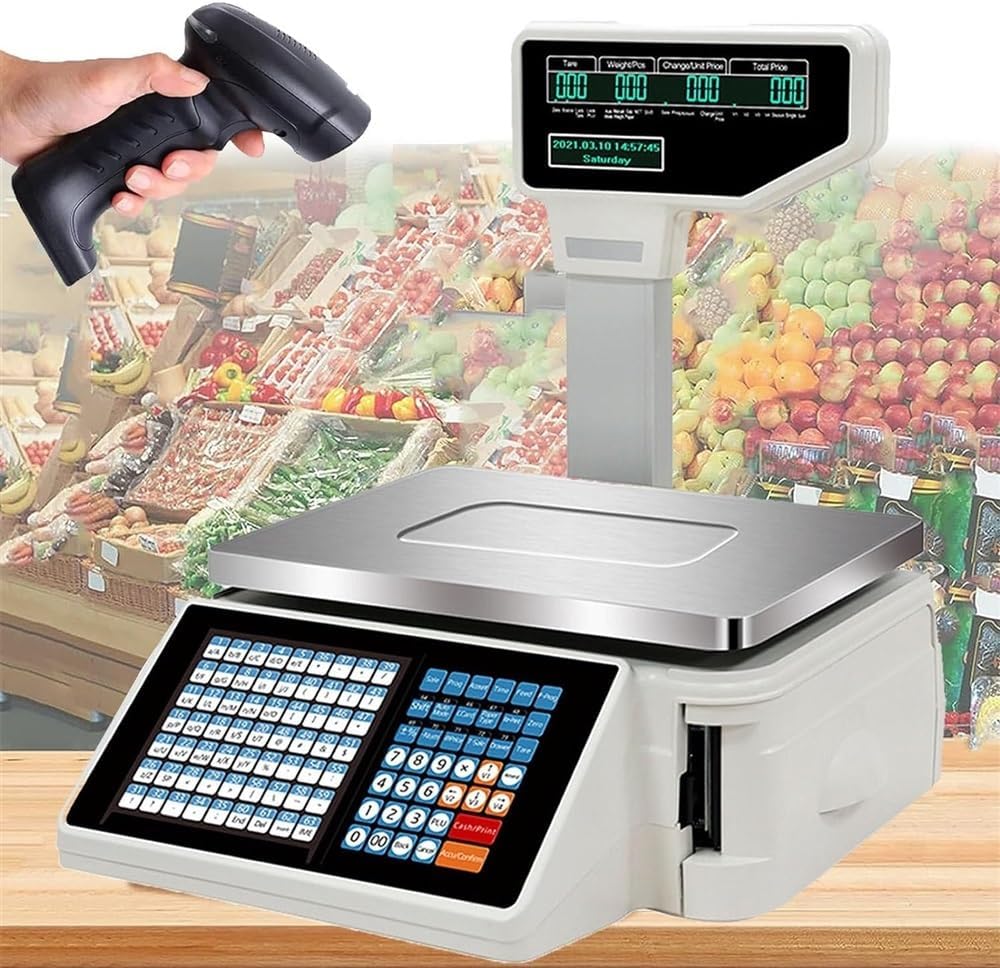 Label Printing Scale Pole Display, Double-Sided Display Price Computing Commercial Digital Counting Scales 30Kg/66.14 Lbs Capacity with and Pr