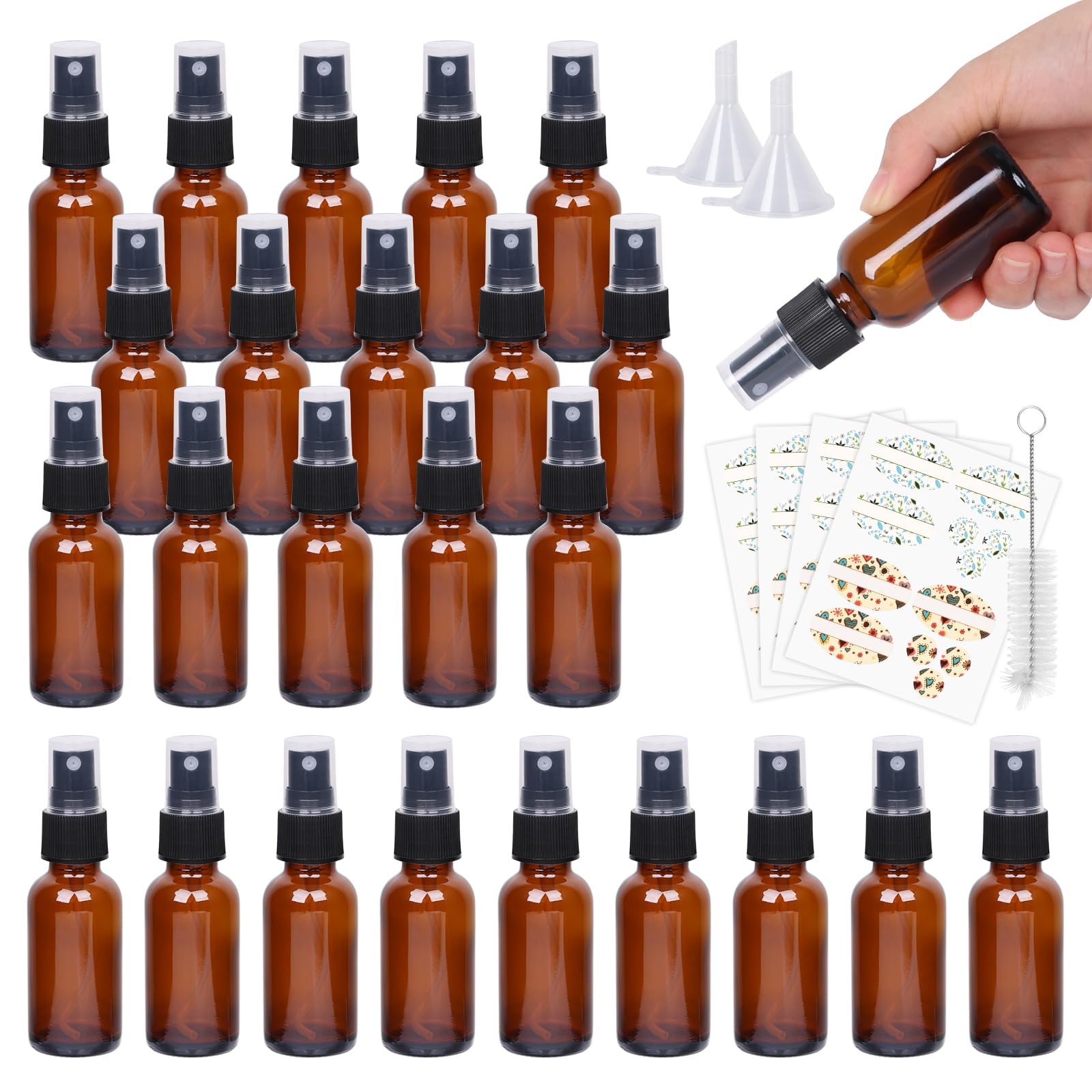Paquete de 24 botellas de spray ámbar de 1 onza con pulverizador de niebla fina, botellas de viaje de vidrio de 30 ml para aceites esenciales cosméticos, soluciones de limpieza, perfumes y