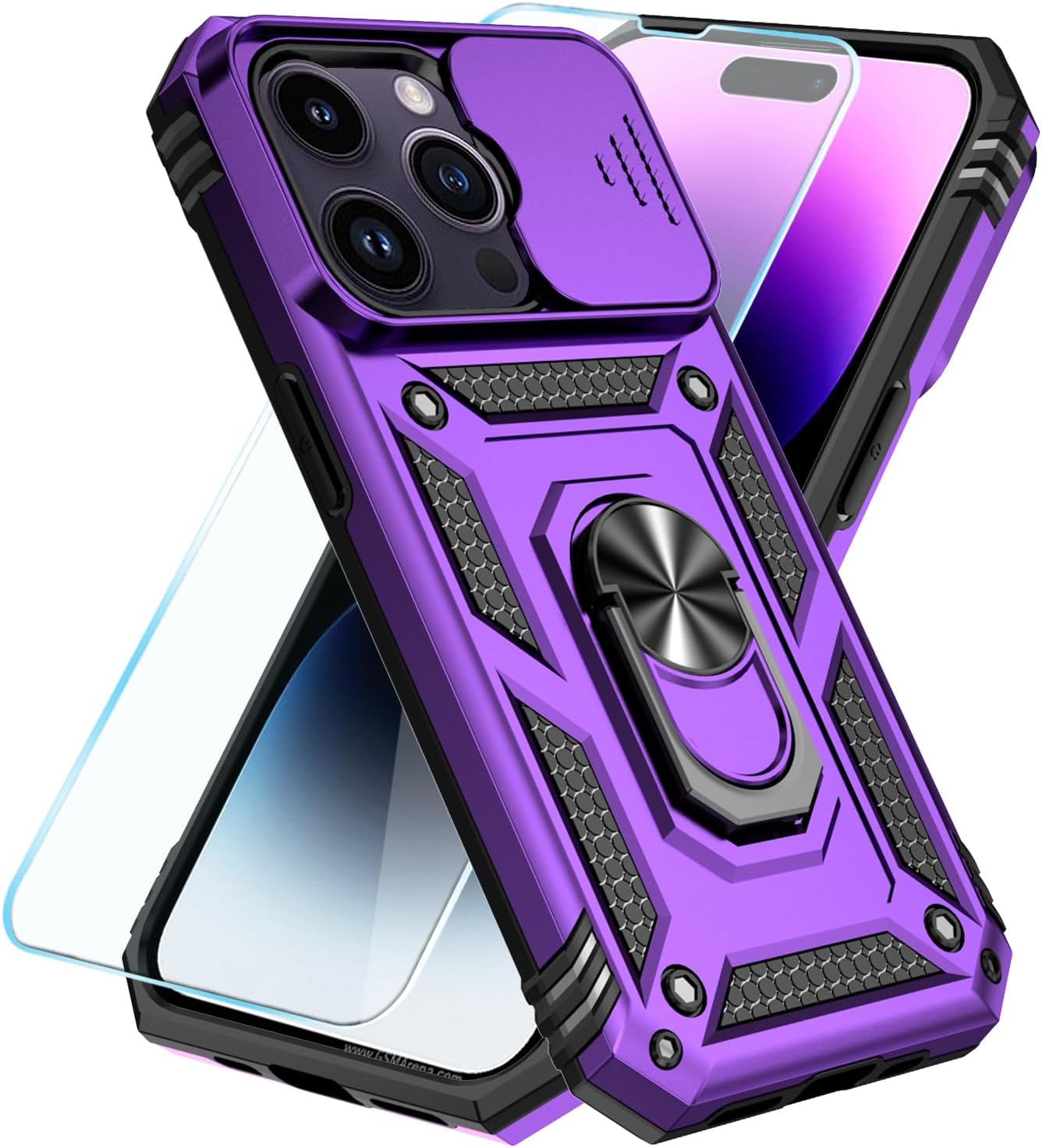 SunStory for iPhone 14 Pro Max Case with HD Screen Protector & Slide Camera Cover & Kickstand, iPhone 14 Pro Max Phone Case [Military-Grade] Case for iPhone 14 Pro Max (Purple)