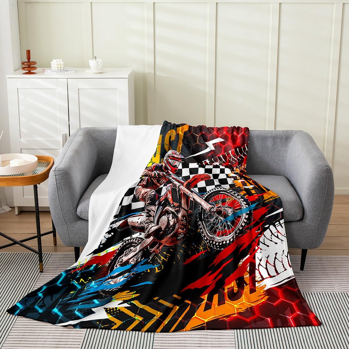 Homemissing Men's Multicolored 13 Motocross Rider Flannel Blanket Baby 30"X40" Kids Dirt Bike Plush Blanket For Boys Girls Extreme Sports Motorbike Fuzzy Blanket Cool Hexagonal Motorcycle All Season Bed Blanket Room Decor