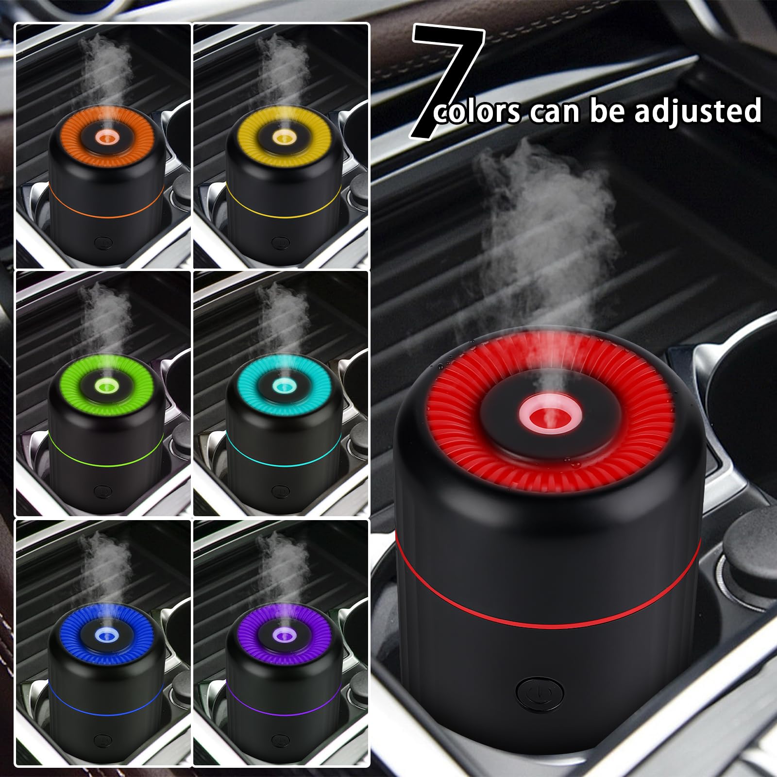 Diffuseur d'arômes pour Voiture, 2 Modes De Diffuseur d'aromathérapie pour huiles essentielles avec 7 LED Lumières Changeantes De Couleur, Diffuseur Voiture Rechargeable avec Interface USB