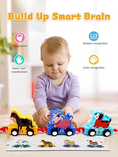 Miniatura 5 de Juguetes para niños pequeños, 11 trenes de animales de madera, juguetes Montessori para niños de 2 años, juguetes para niños de 2 a 4 años, juguetes