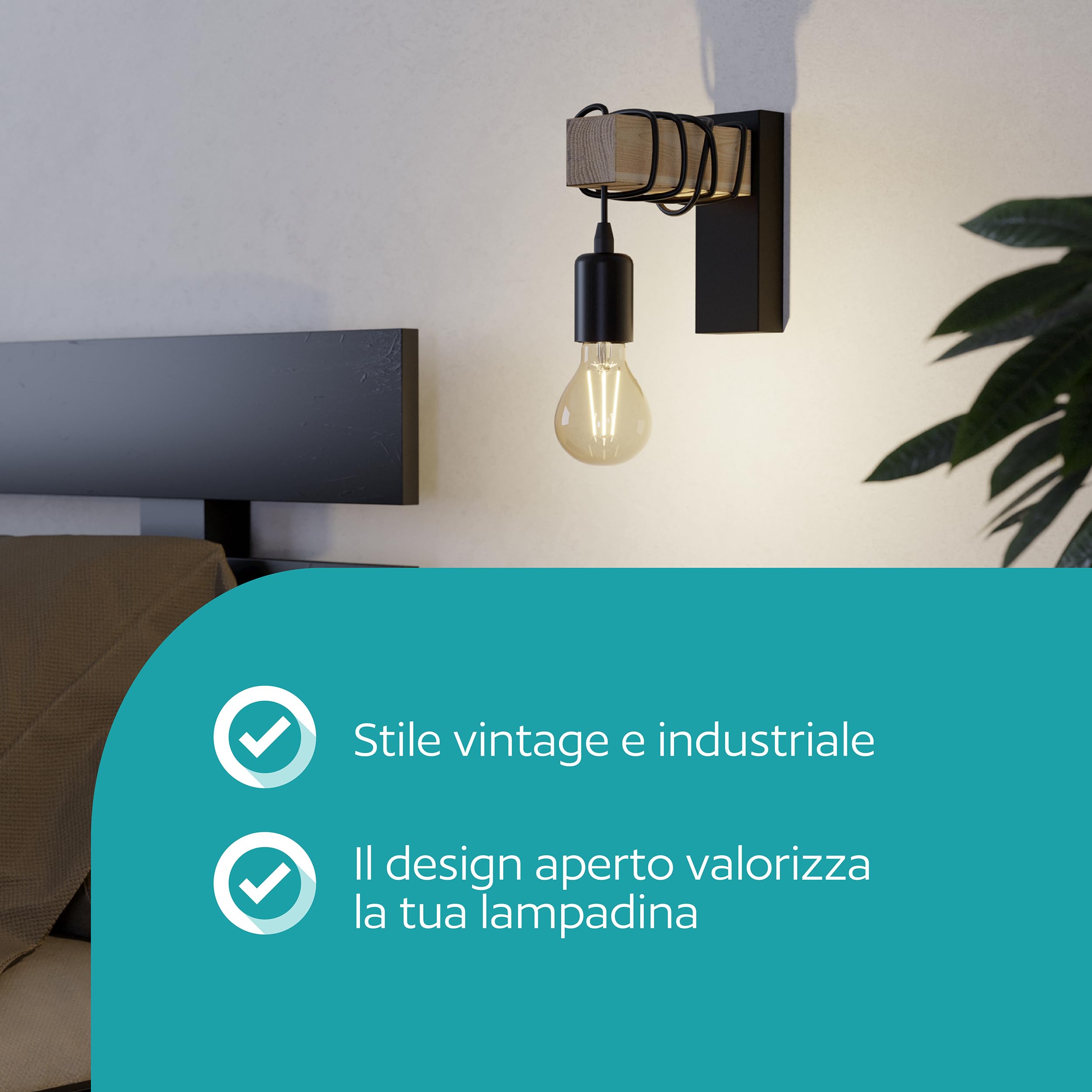 Eglo Lampada da parete Townshend, plafoniera vintage a uno punto | luce, lampada da parete dal design industrial, lampada retrò in acciaio e legno, nero, marrone, E27, certificazione FSC