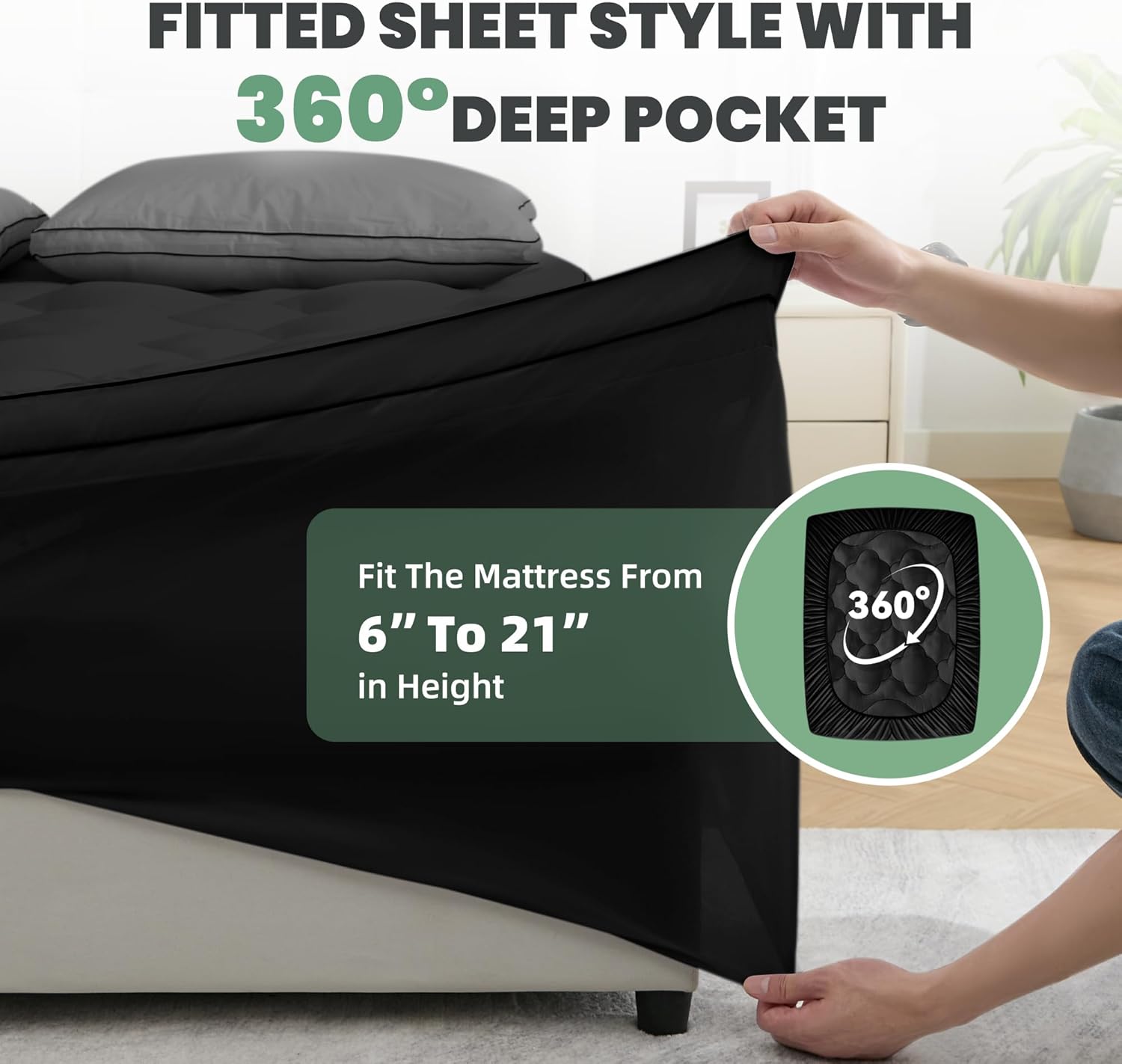 BDEUS Queen Mattress Pad, Extra Thick 1450GSM Mattress Topper, Four Leaf Clover Soft Mattress Protector Cover with 21" Deep Pocket for Back Pain Relief, 3D+7D Down Alternative Fill Overfilled, Black