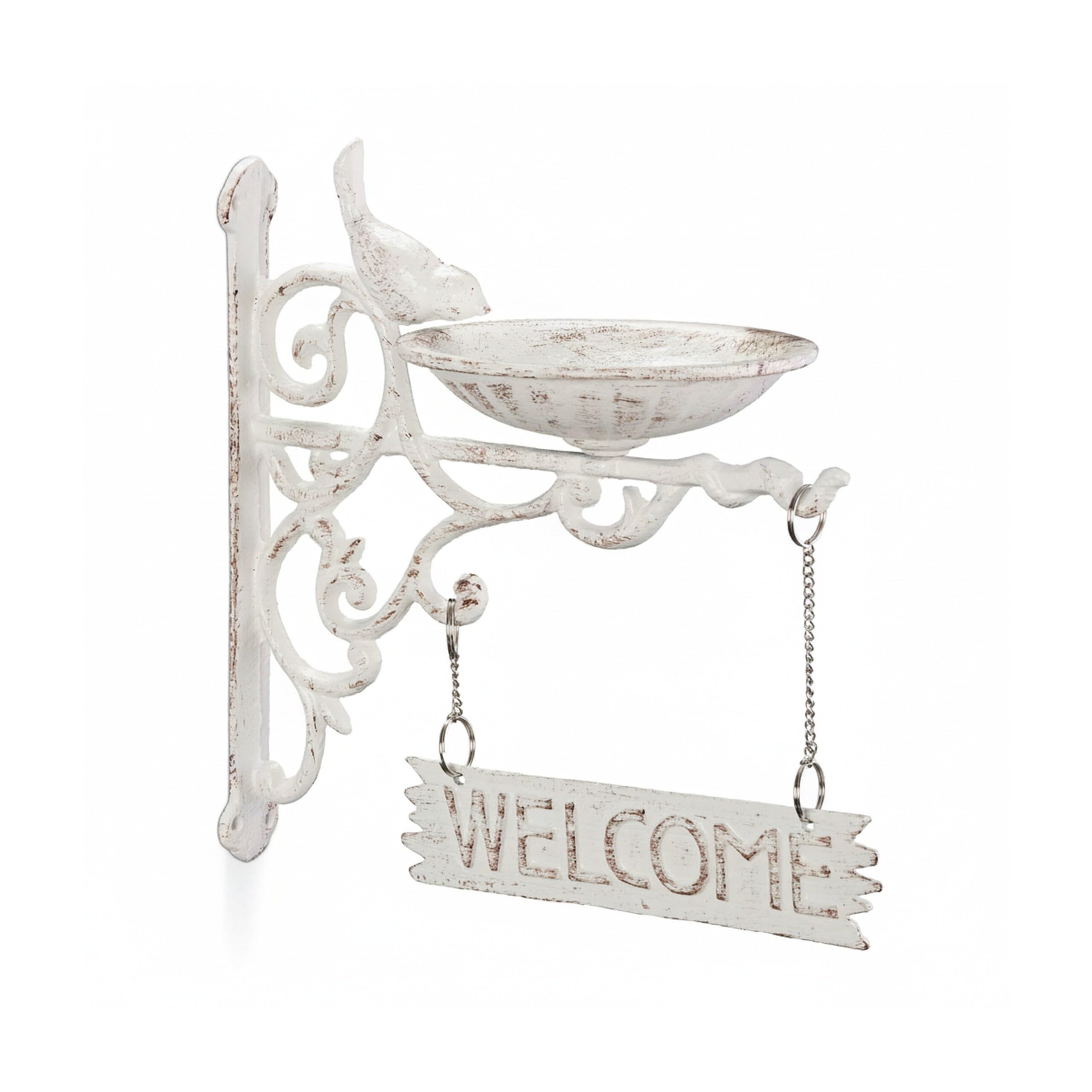 Relaxdays Bebedero Pájaros Hierro Fundido Welcome, Decoración Jardín, Montaje Pared, Retro, Fuente Aves, Color Blanco