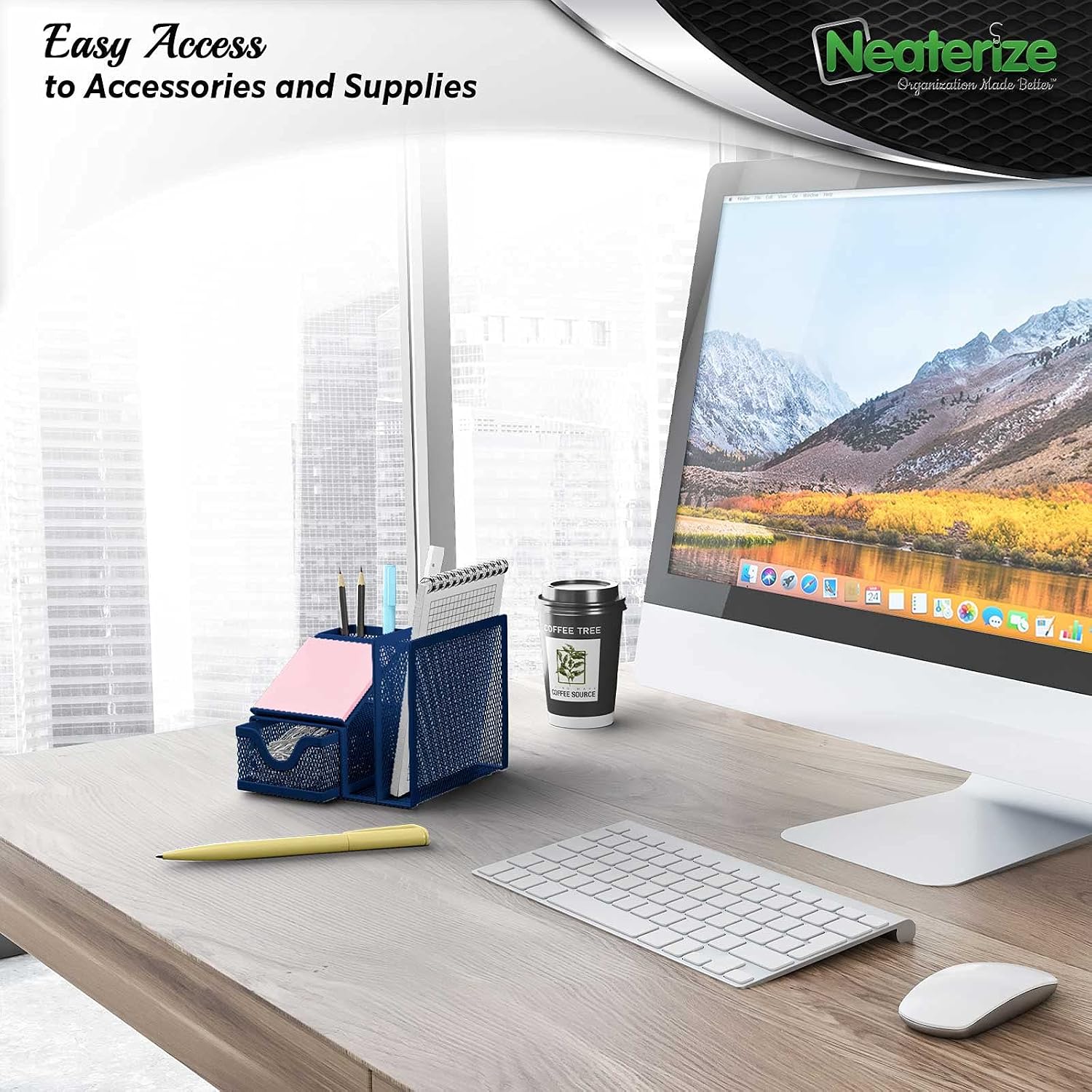NEATERIZE Desk Organizer for Files - Sturdy Desktop Organizer for Home Office School College & Dorm - Office Supplies and Accessories Organization Caddy for Sticky Notes Pens & Pencils Holder - (Navy)